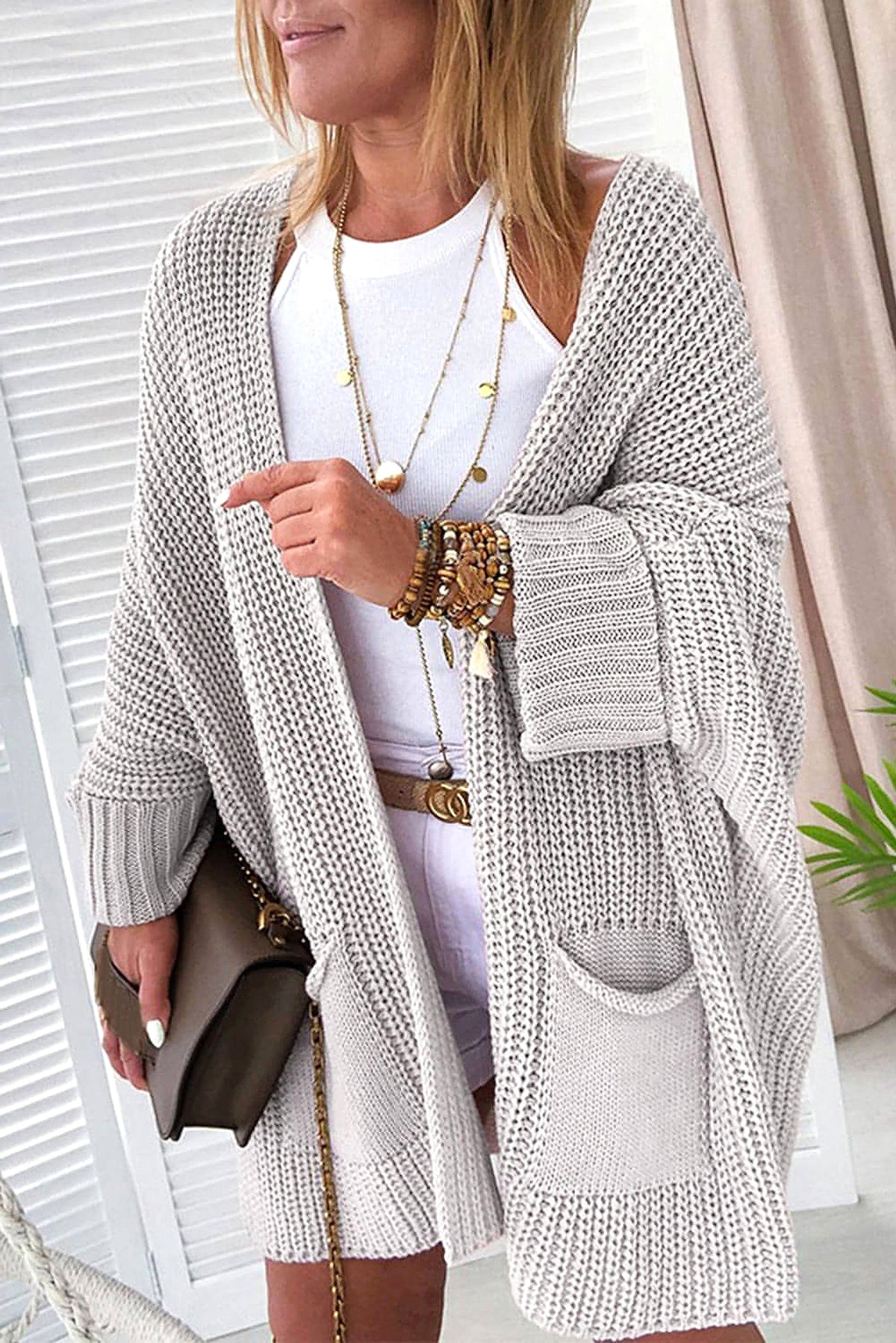 Gray Oversized Fold Over Sleeve Open Front Cardigan - enhanced image 9