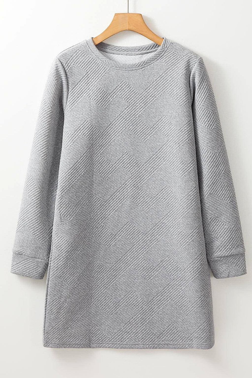 Gray Solid Color Textured Long Sleeve Shift Dress - enhanced image 9