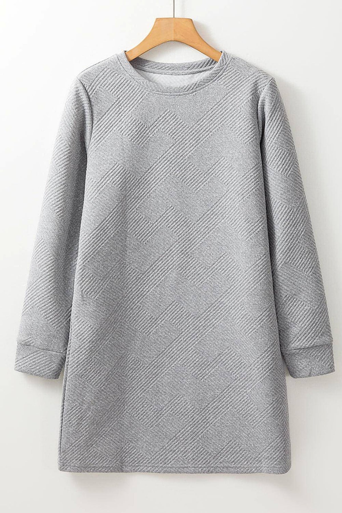 Gray Solid Color Textured Long Sleeve Shift Dress - enhanced image 9