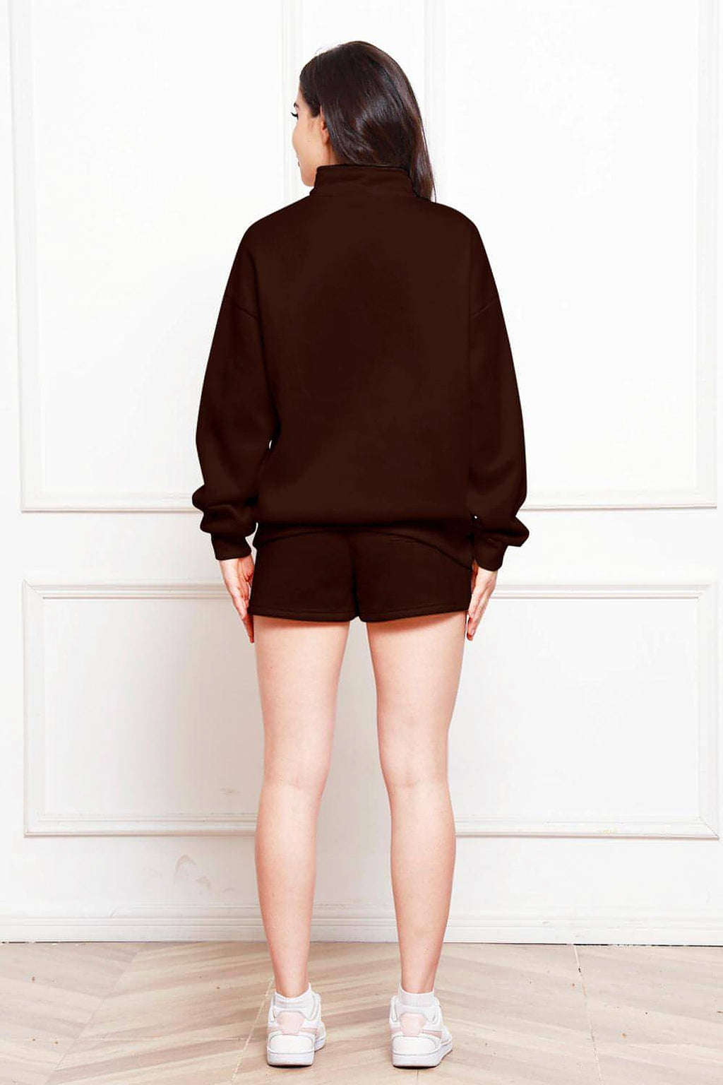 Half Zip Long Sleeve Sweatshirt and Drawstring Shorts Set - enhanced image 9