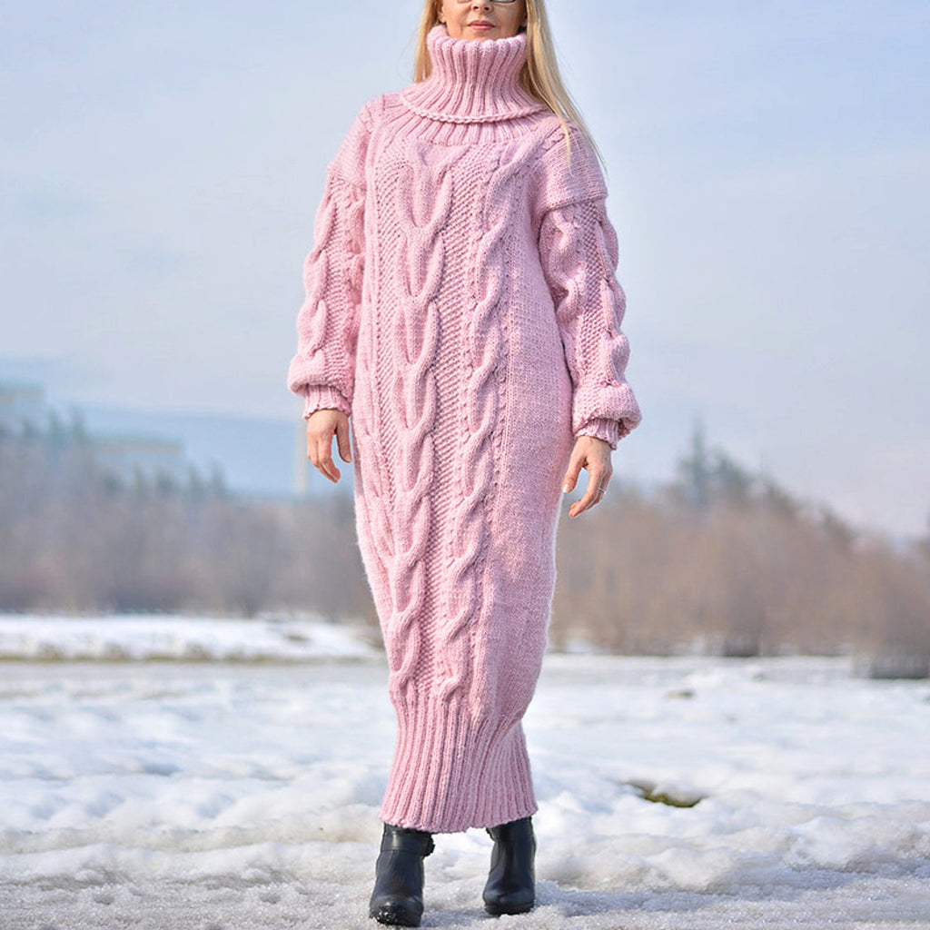 High Neck Pullover Cable Loose Knitted Wool Dress - enhanced image 9