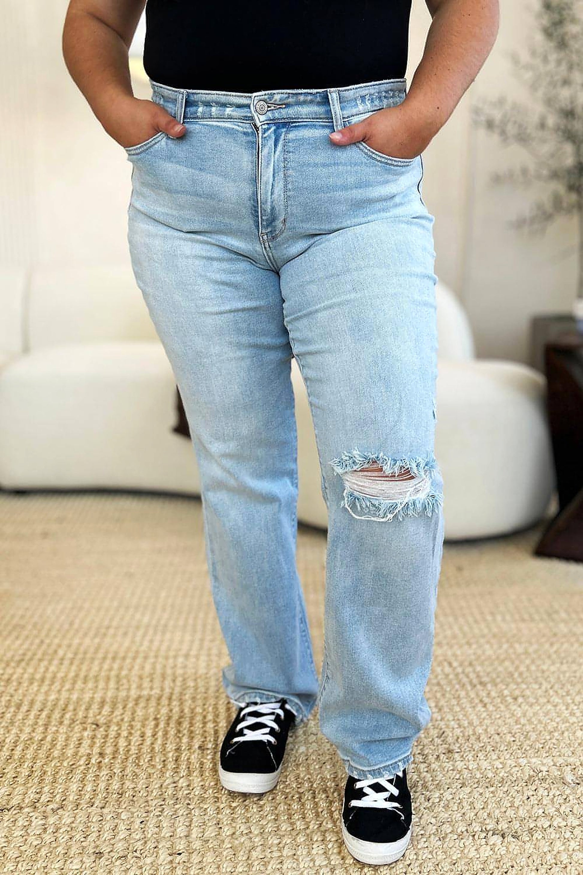 Judy Blue Full Size High Waist Distressed Straight Jeans - enhanced image 9