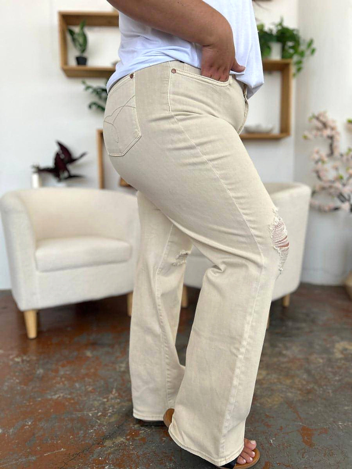 Judy Blue Full Size High Waist Distressed Wide Leg Jeans - enhanced image 9