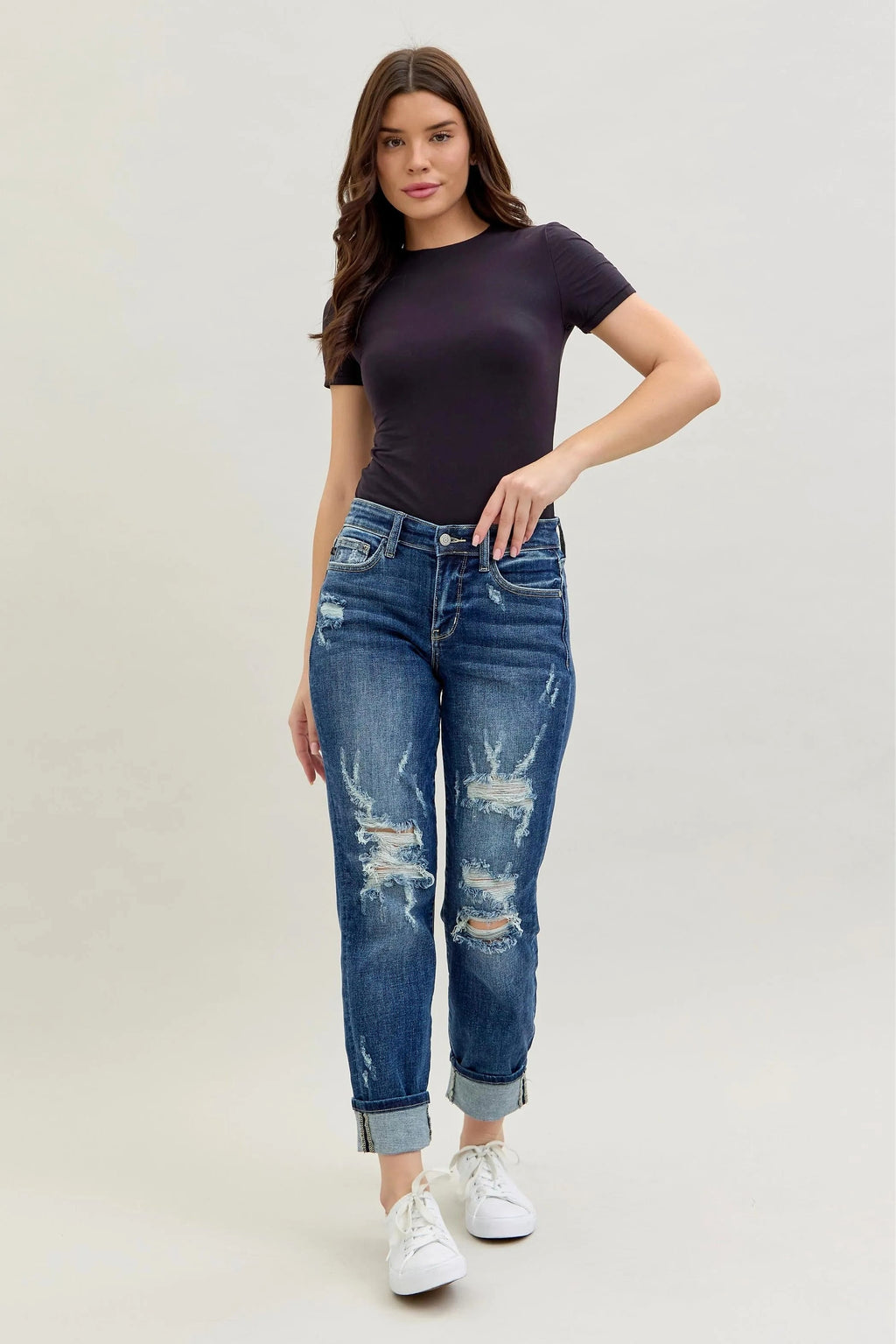 Judy Blue Full Size Mid Rise Cuffed Destroy Bf Jeans Plus Size - enhanced image 9