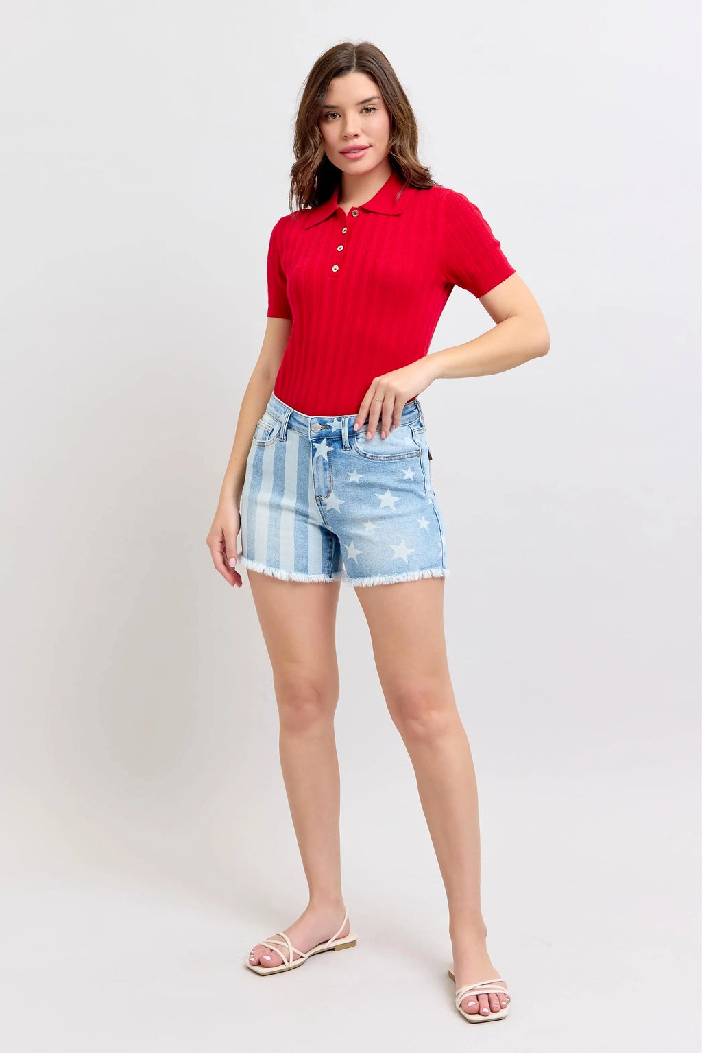 Judy Blue Full Size Mr Star & Stripe Bleach Discharge Fray Hem Denim Shorts Plus Size - enhanced image 9