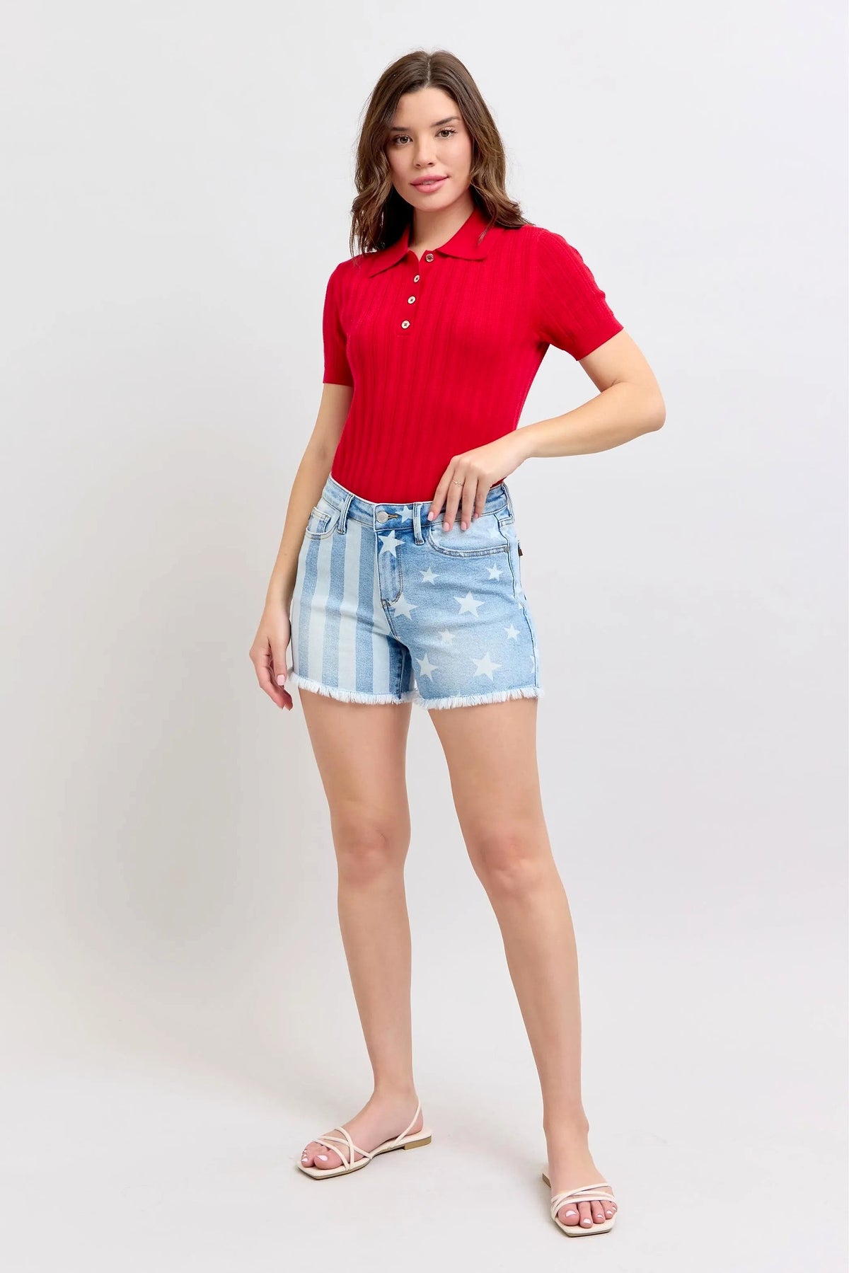 Judy Blue Full Size Mr Star & Stripe Bleach Discharge Fray Hem Denim Shorts Plus Size - enhanced image 9