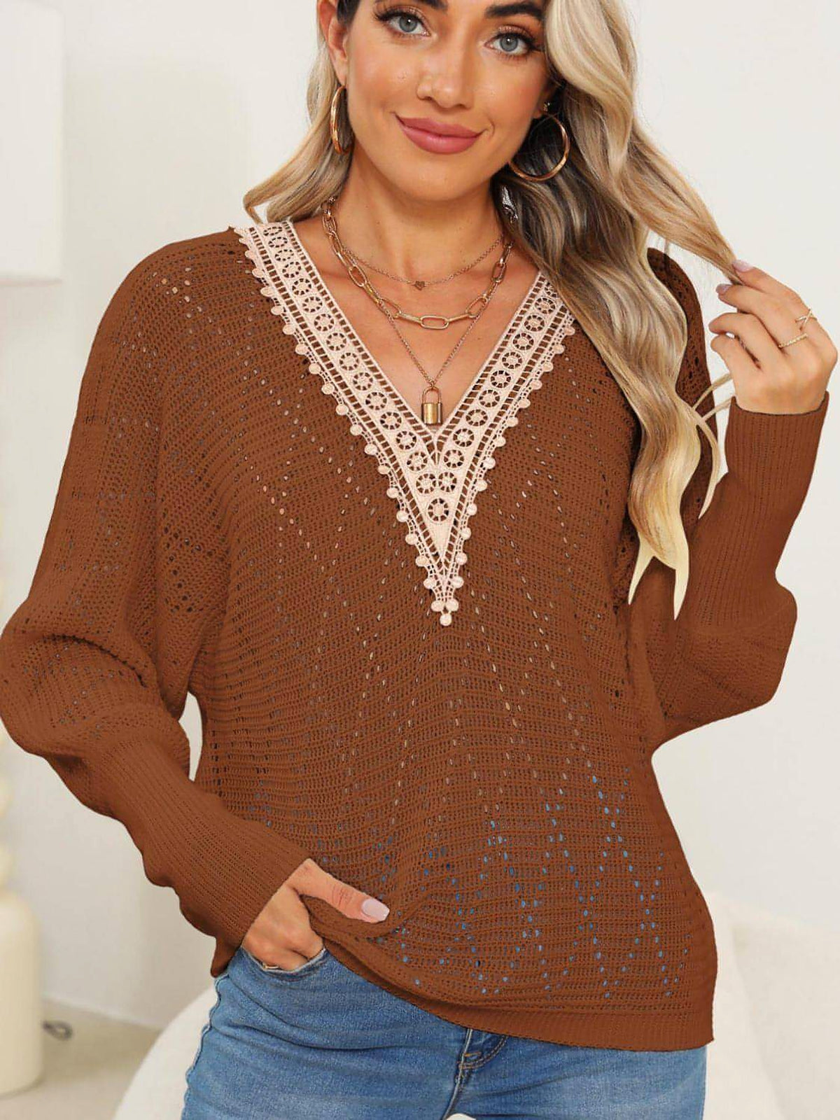 Lace Detail V-Neck Long Sleeve Sweater - enhanced image 9