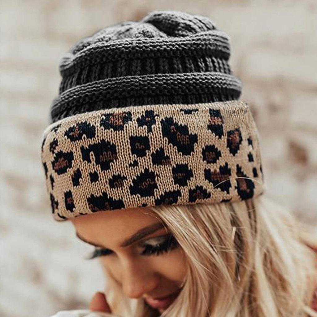 Ladies Autumn Winter Leopard Print Cuffed Acrylic Knitted Hat - enhanced image 9