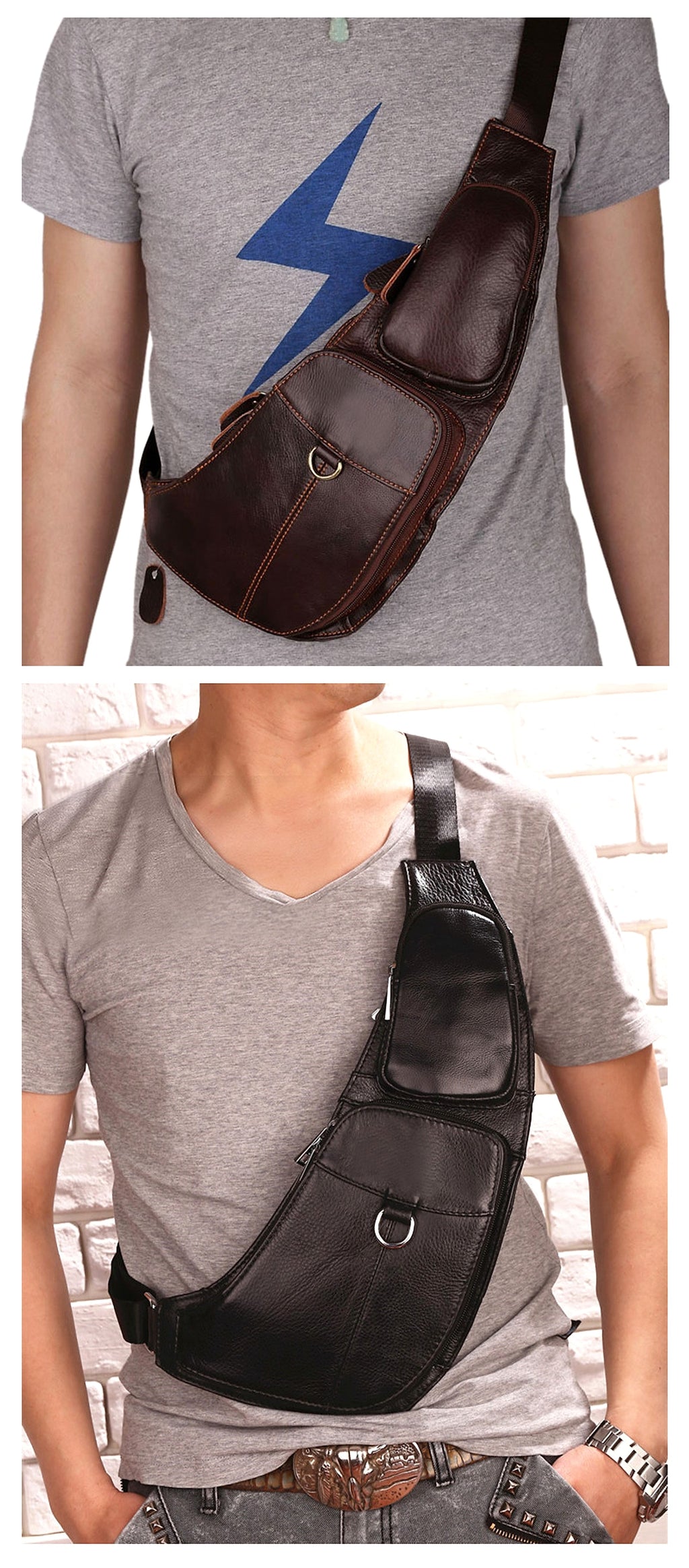 Leather Men's Chest Bag First Layer Cowhide Casual Satchel - enhanced image 9