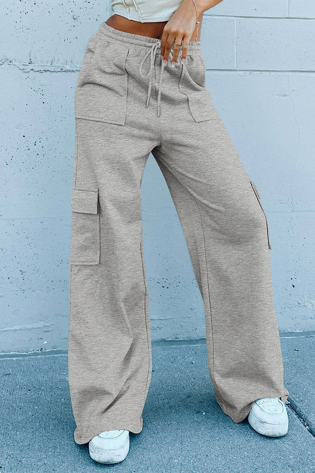 Light Grey Multi Pockets Lace-up High Waist Wide Leg Workout Pants - enhanced image 9