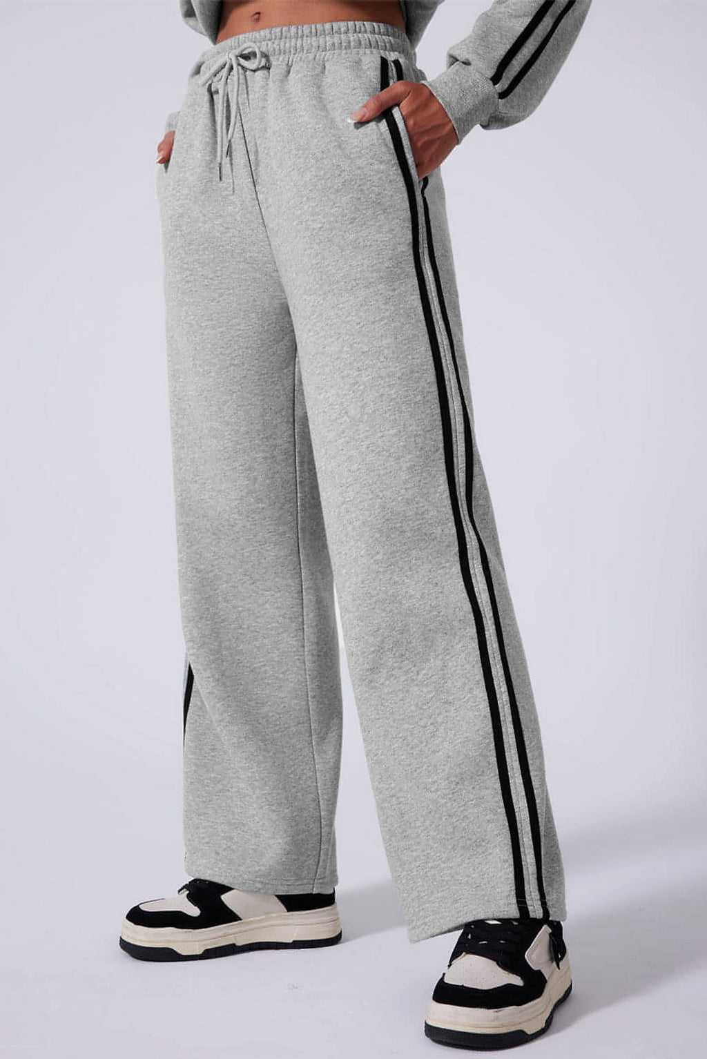Light Grey Solid Color Side Striped Sweatshirt Active Set - enhanced image 9