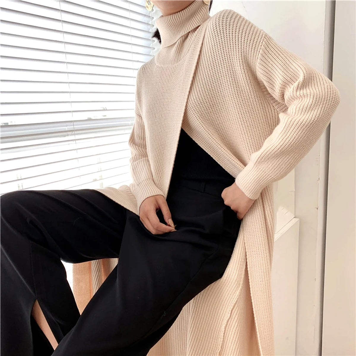 A.1 Long Knit Turtleneck Sweater Long Skirt Pullover Bottoming With Slits And Slim Fit - enhanced image 9