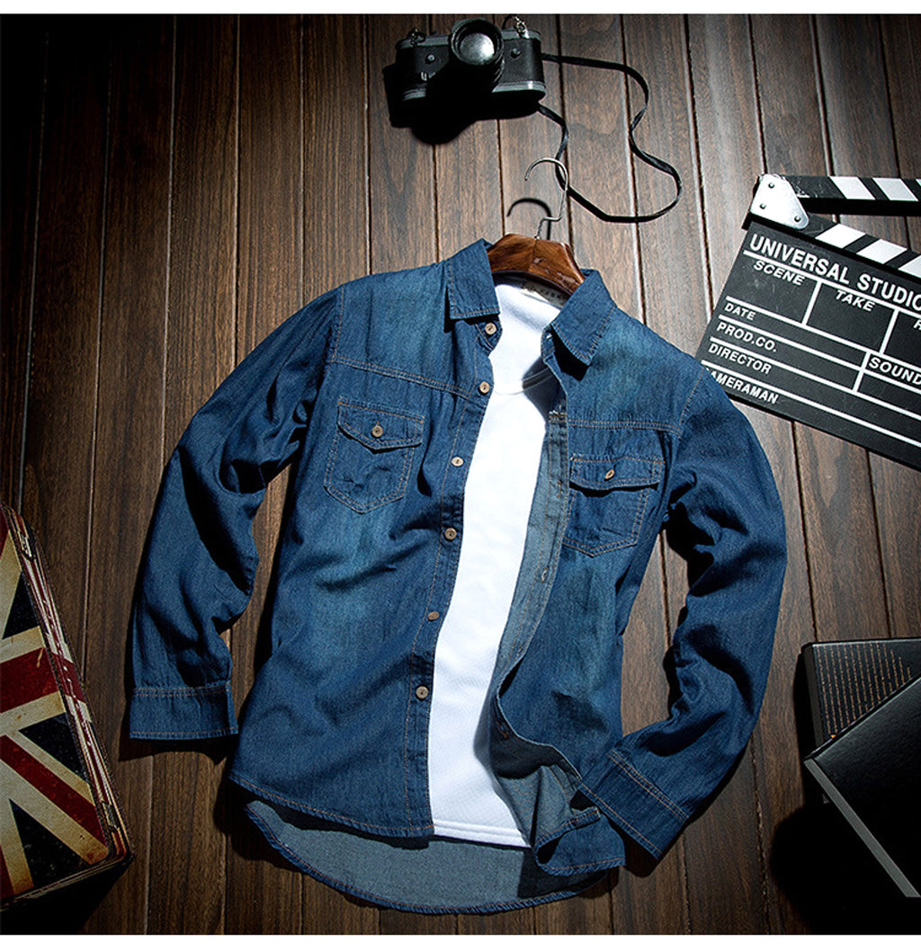 Long Sleeve Denim DressShirt Jacket Slim Style Men's Thin - enhanced image 9
