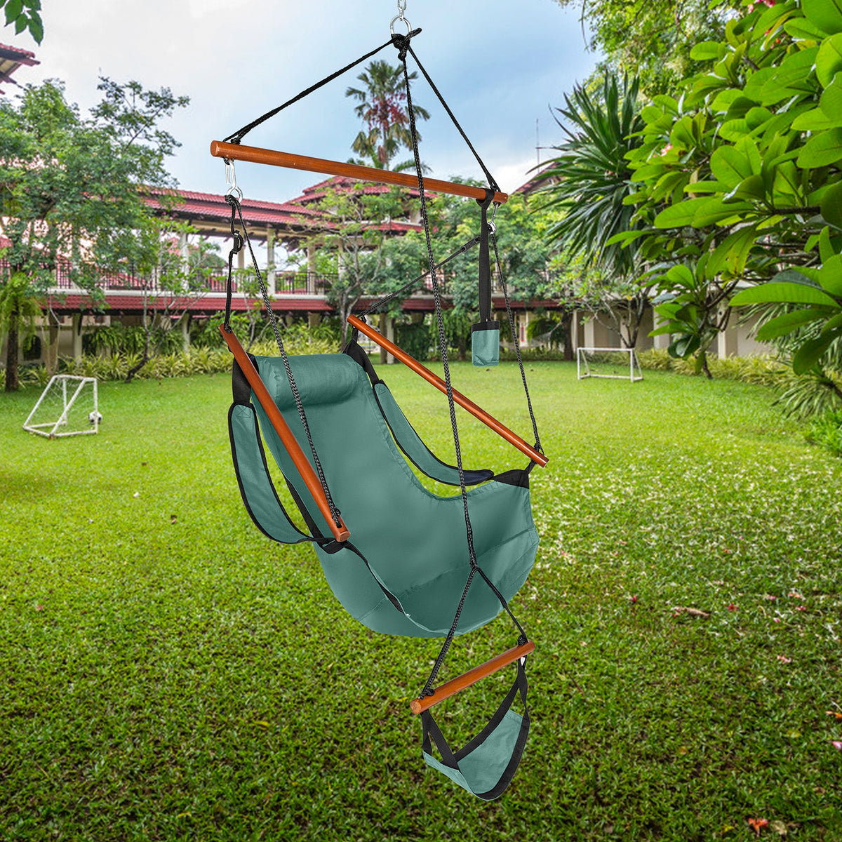 LuxeSwing™ – Oxford Hanging Chair with Wooden Bar & Cup Holder, Green (US Warehouse) - enhanced image 9