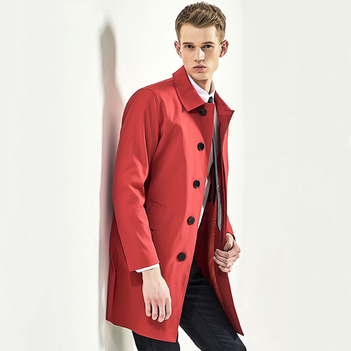 Men Trench Coat Navy Blue Single Breasted - enhanced image 9