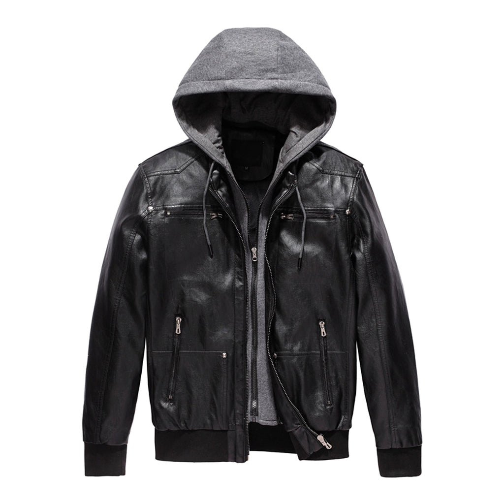 Men's Detachable Hat PU Hooded Jacket - enhanced image 9
