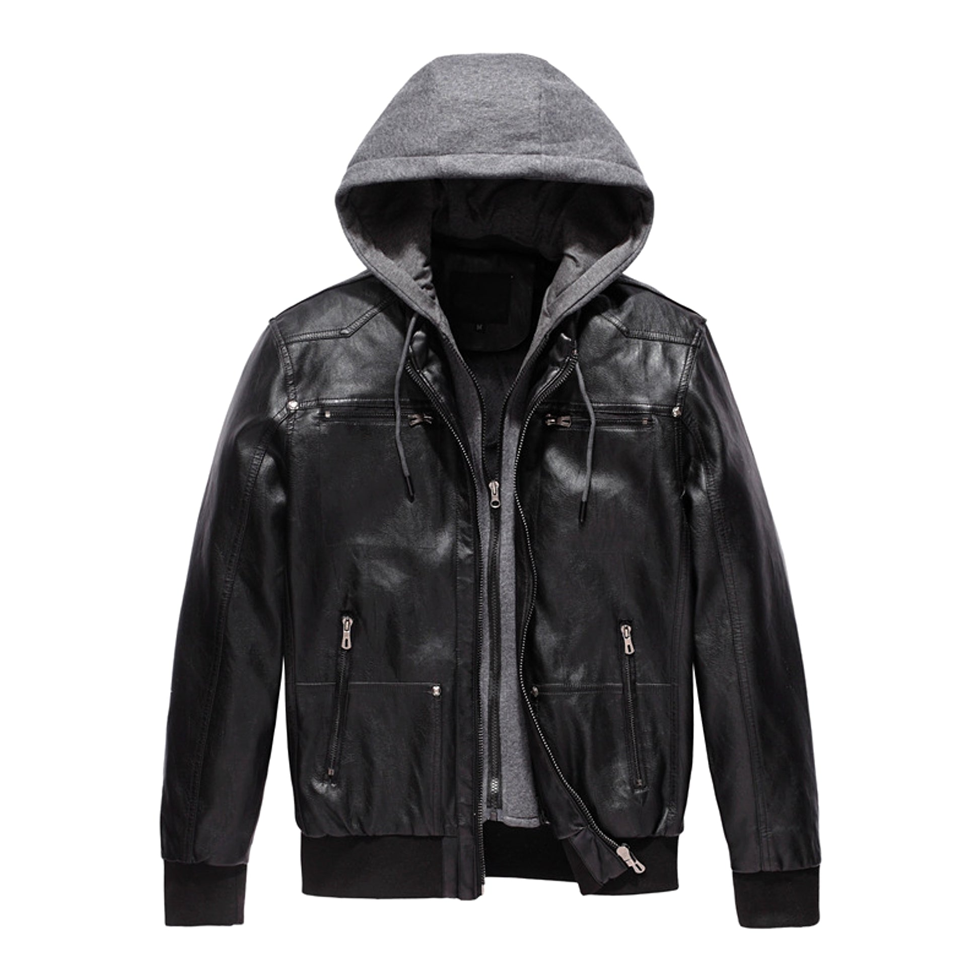 Men's Detachable Hat PU Hooded Jacket - enhanced image 9