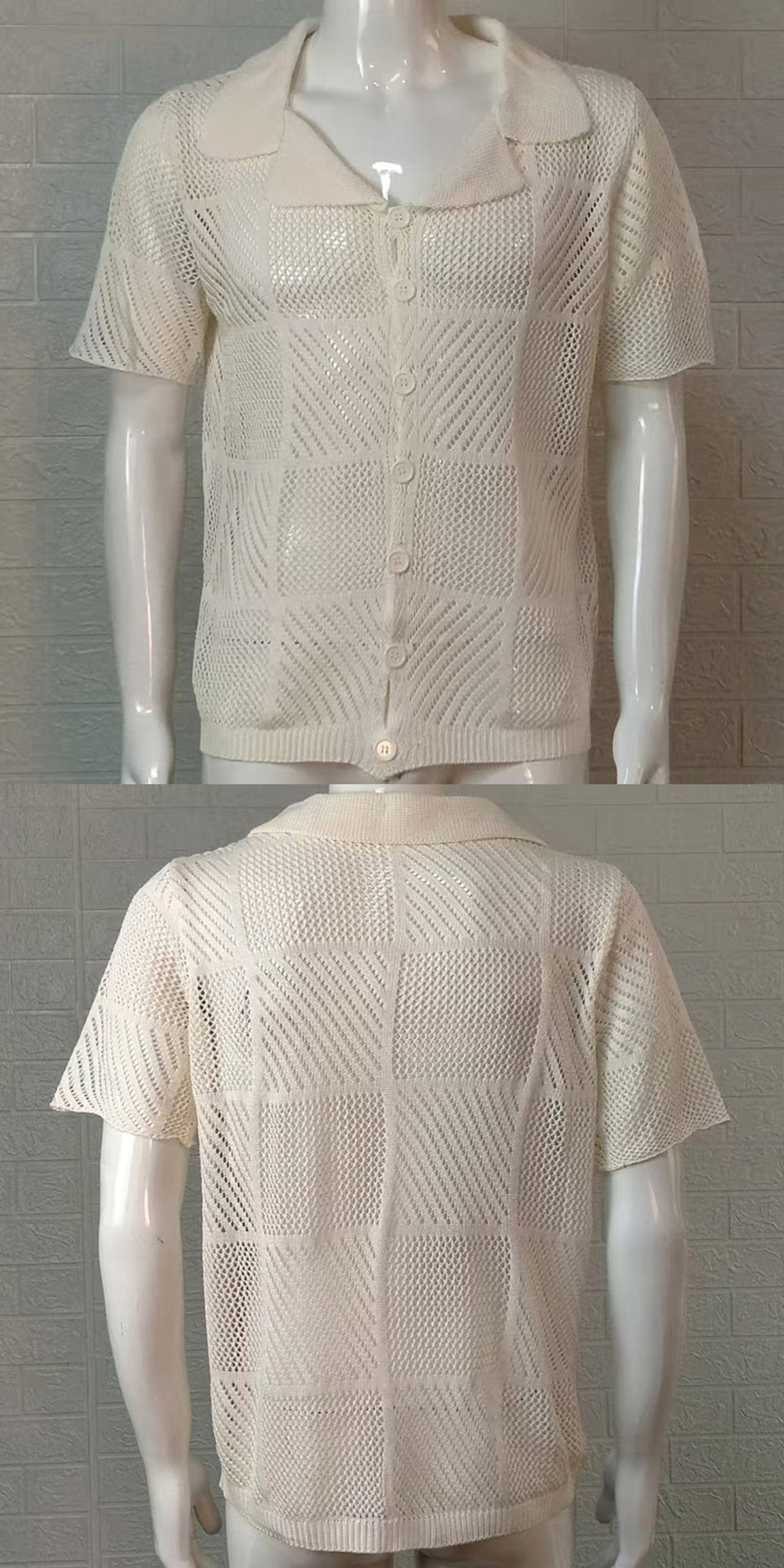 Men's Knit Cardigan Thin Hollow Polo Collar Short Sleeve Top - enhanced image 9