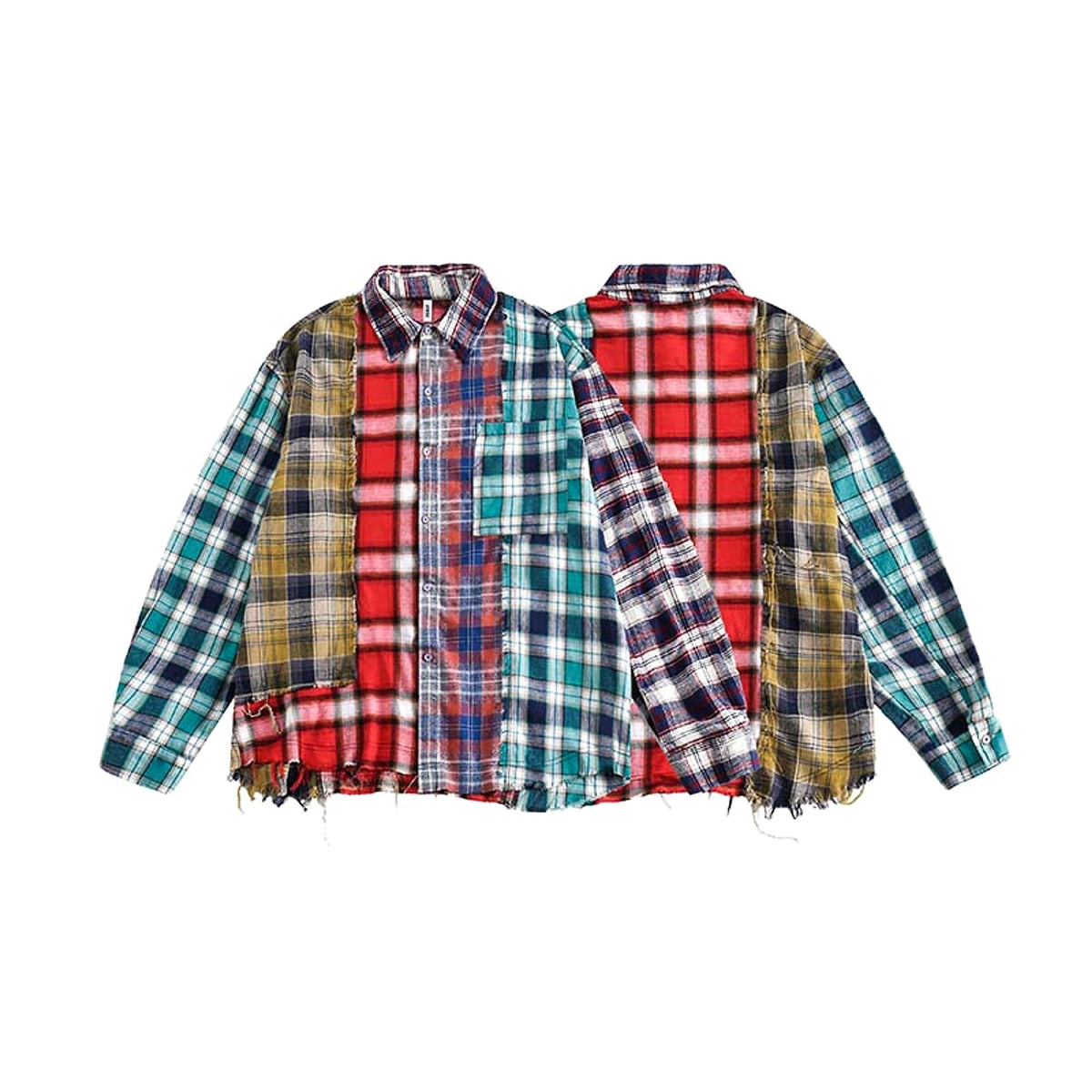 Multi-color Mosaic Plaid Fringed Hem Long Sleeve DressShirt Men - enhanced image 9