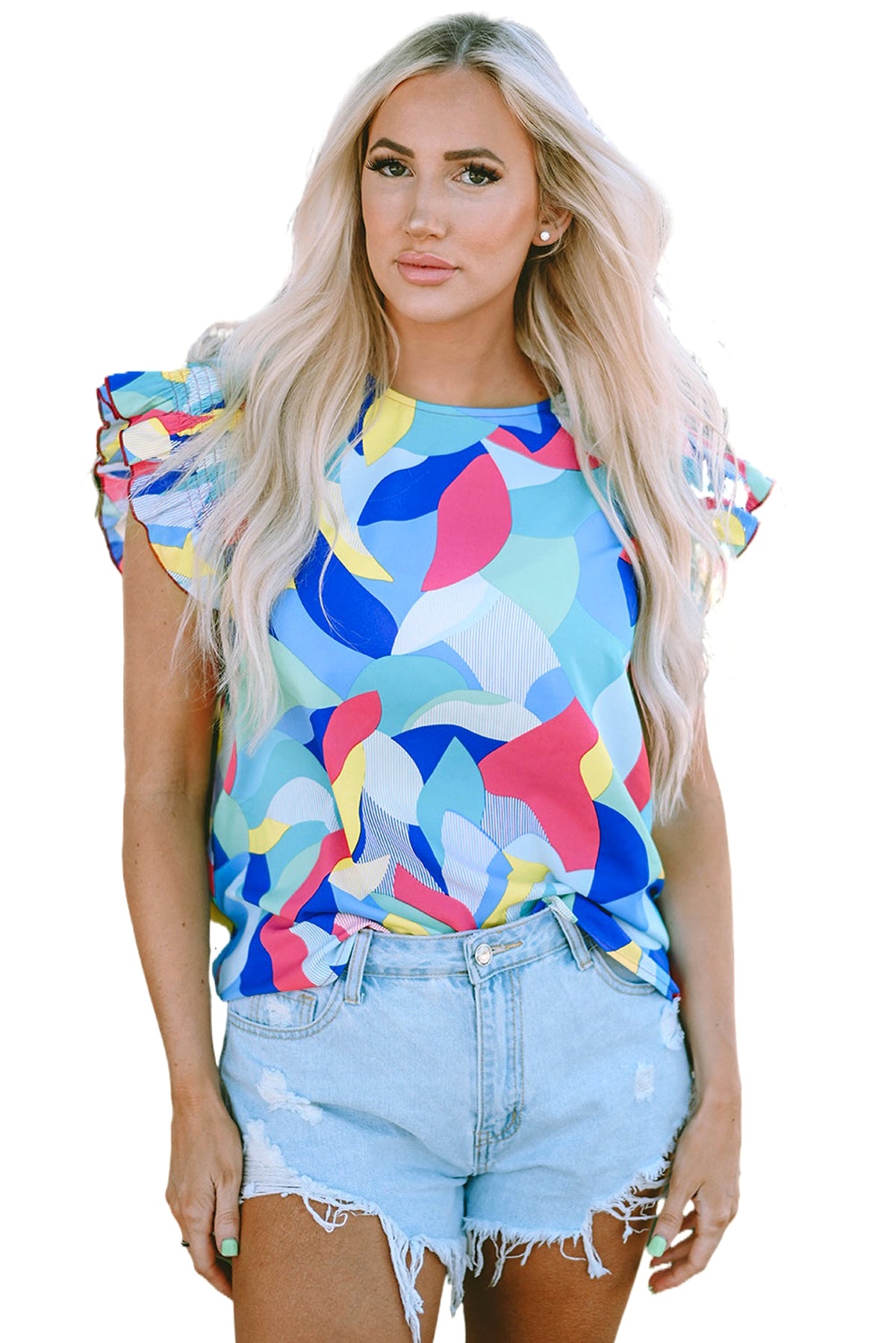 Multicolor Abstract Print Stitching Ruffle Sleeve Blouse - enhanced image 9