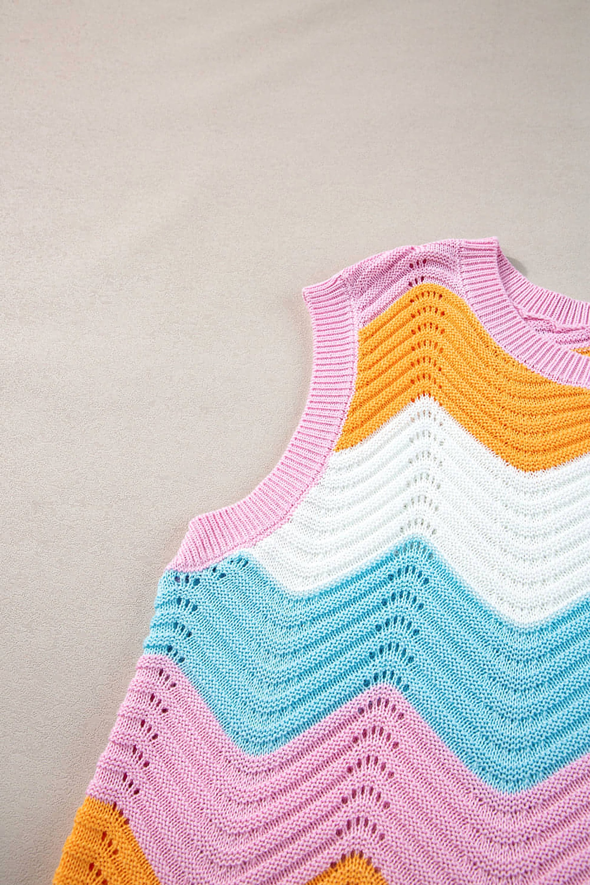 Multicolour Striped Colorblock Scalloped Hem Knitted Vest - enhanced image 9