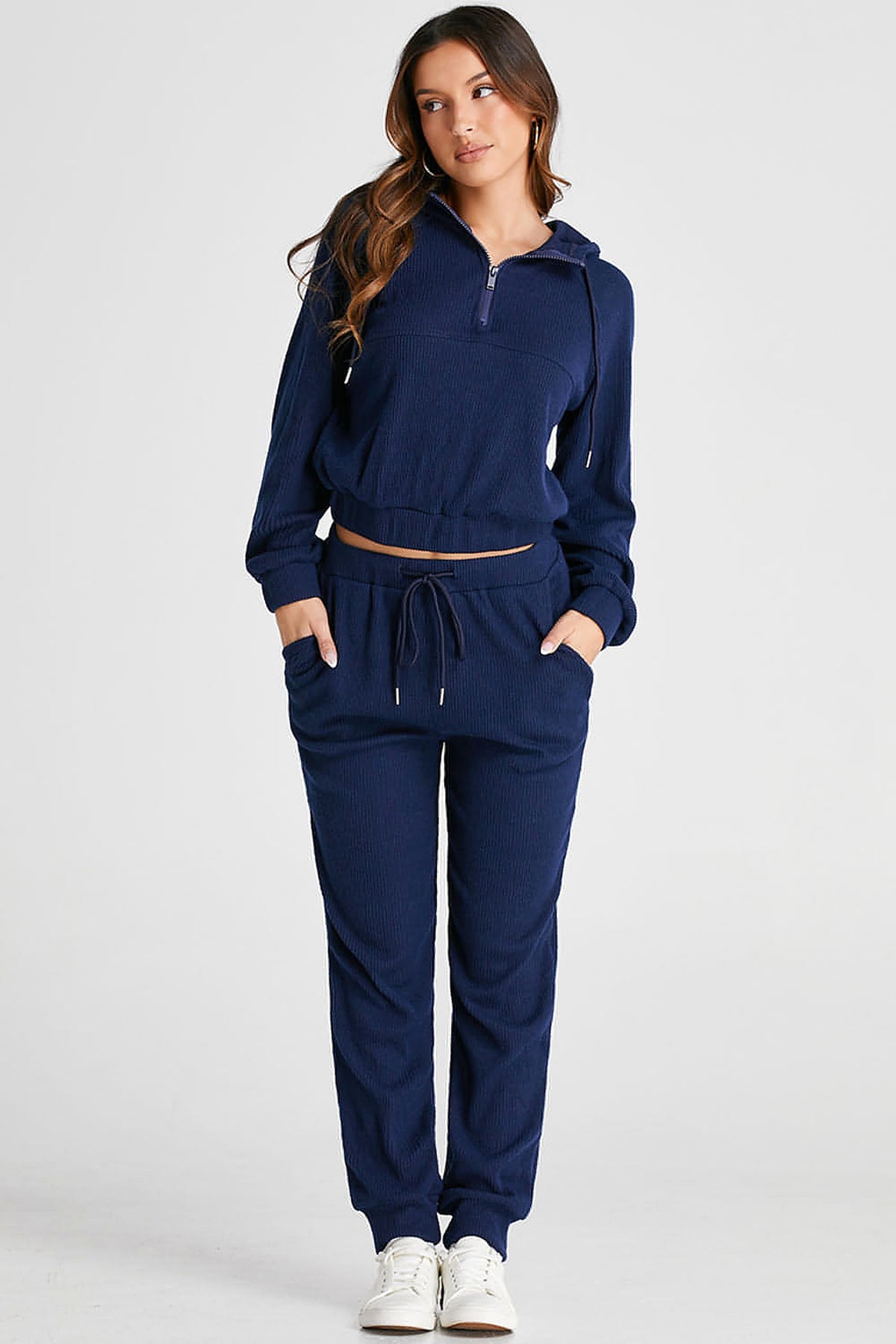 Navy Blue Ribbed Knit Cropped Hoodie and Drawstring Joggers Set - enhanced image 9