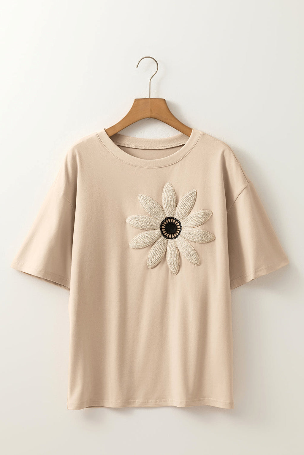 Oatmeal Contrast Crochet Floral Graphic Drop Shoulder Loose Tee - enhanced image 9