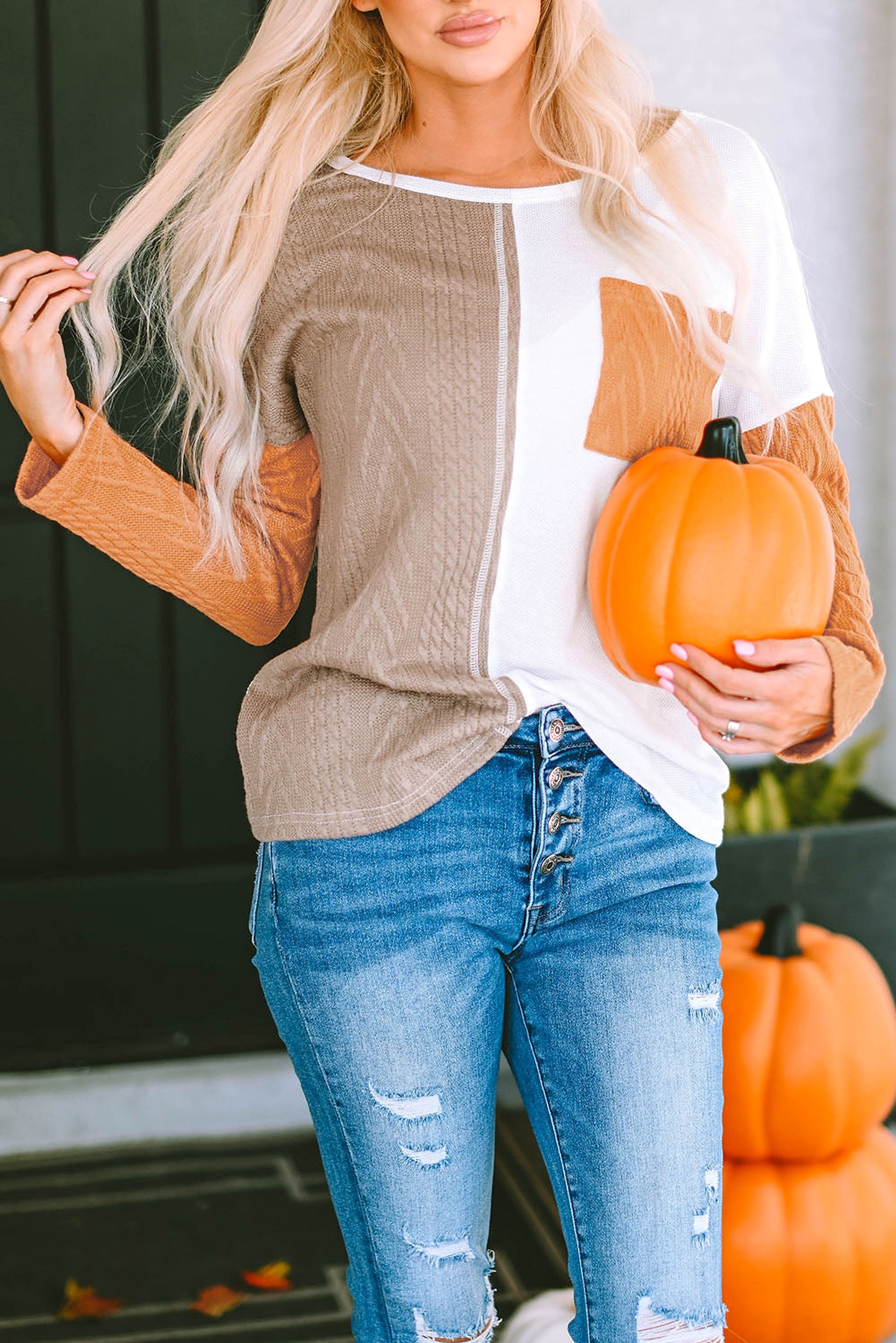 Orange Long Sleeve Colorblock Chest Pocket Textured Knit Top - enhanced image 9
