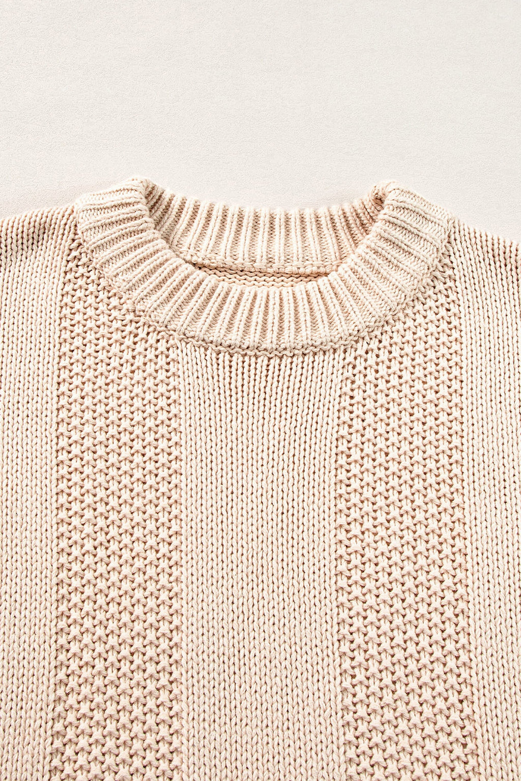 Pale Khaki Solid Color Cable Knit Ribbed Loose Sweater - enhanced image 9