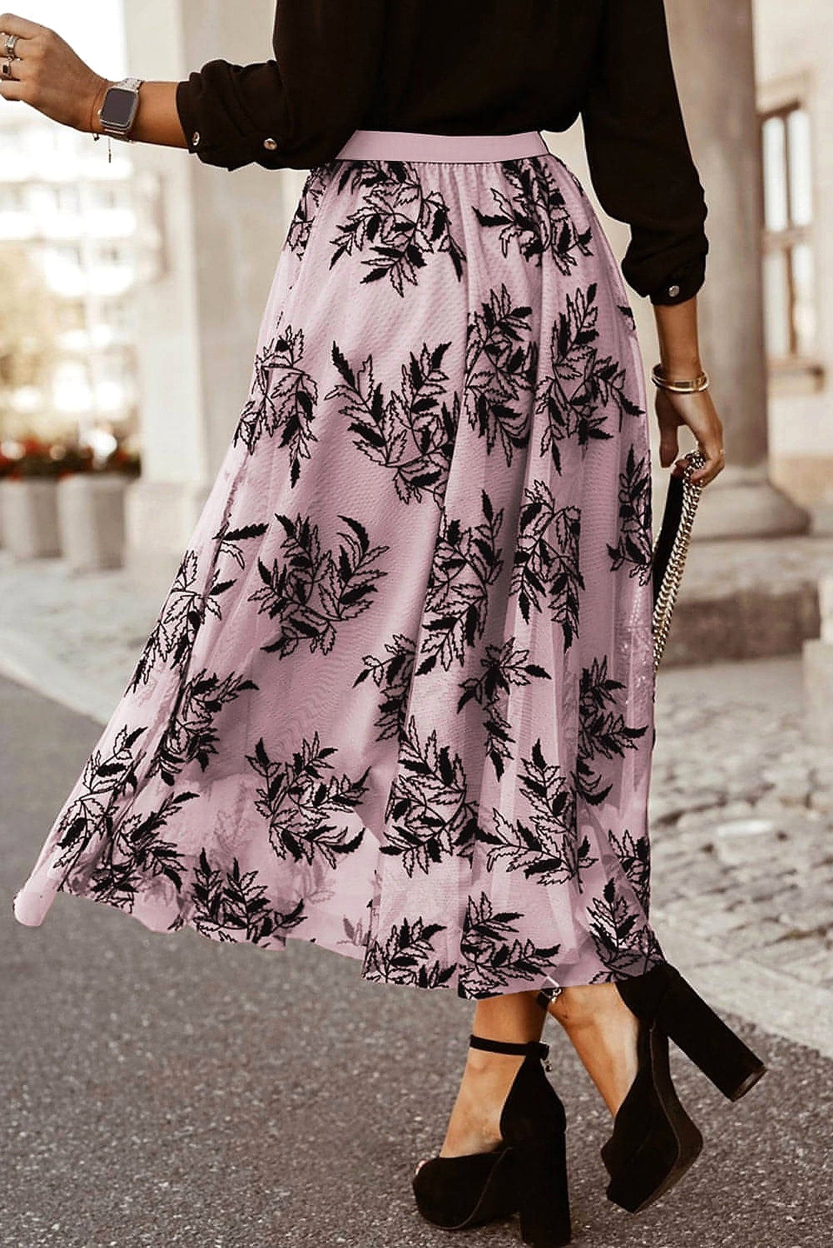 Peach Blossom Floral Leaves Embroidered High Waist Maxi Skirt - enhanced image 9