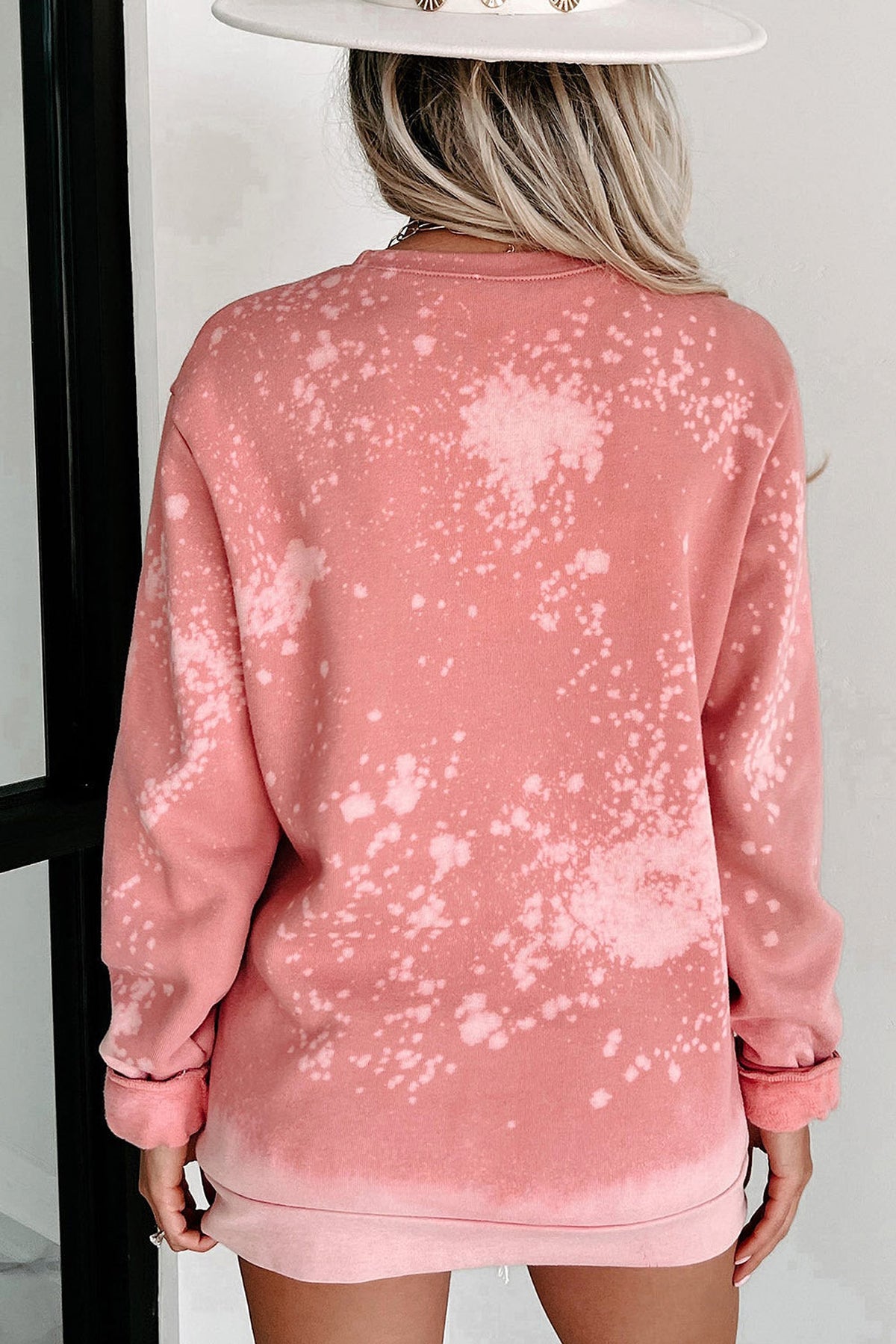 Pink Bleached Round Neck Pullover Sweatshirt - enhanced image 9