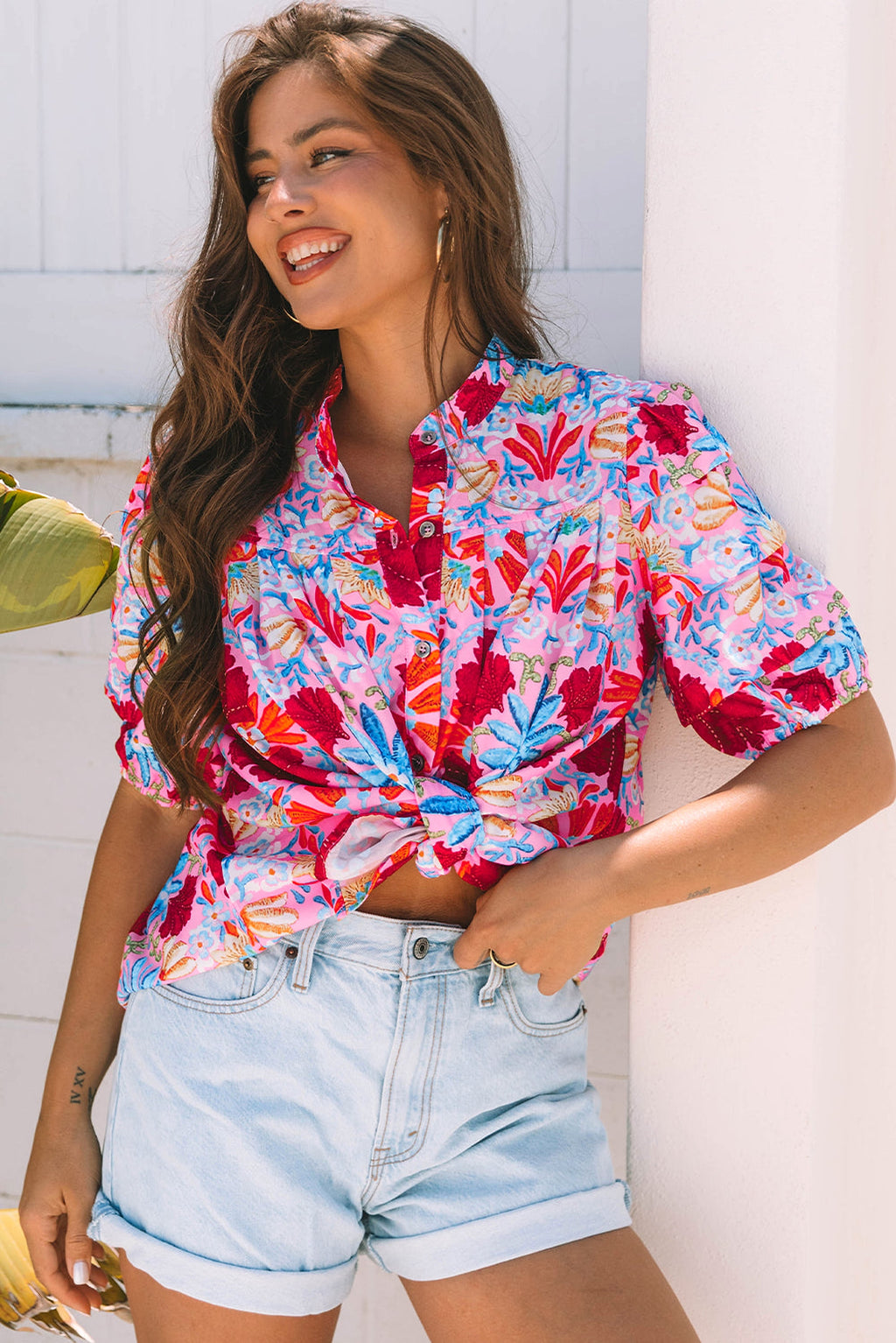 Pink Floral Print Bubble Sleeve Button Up Pleated Shirt - enhanced image 9