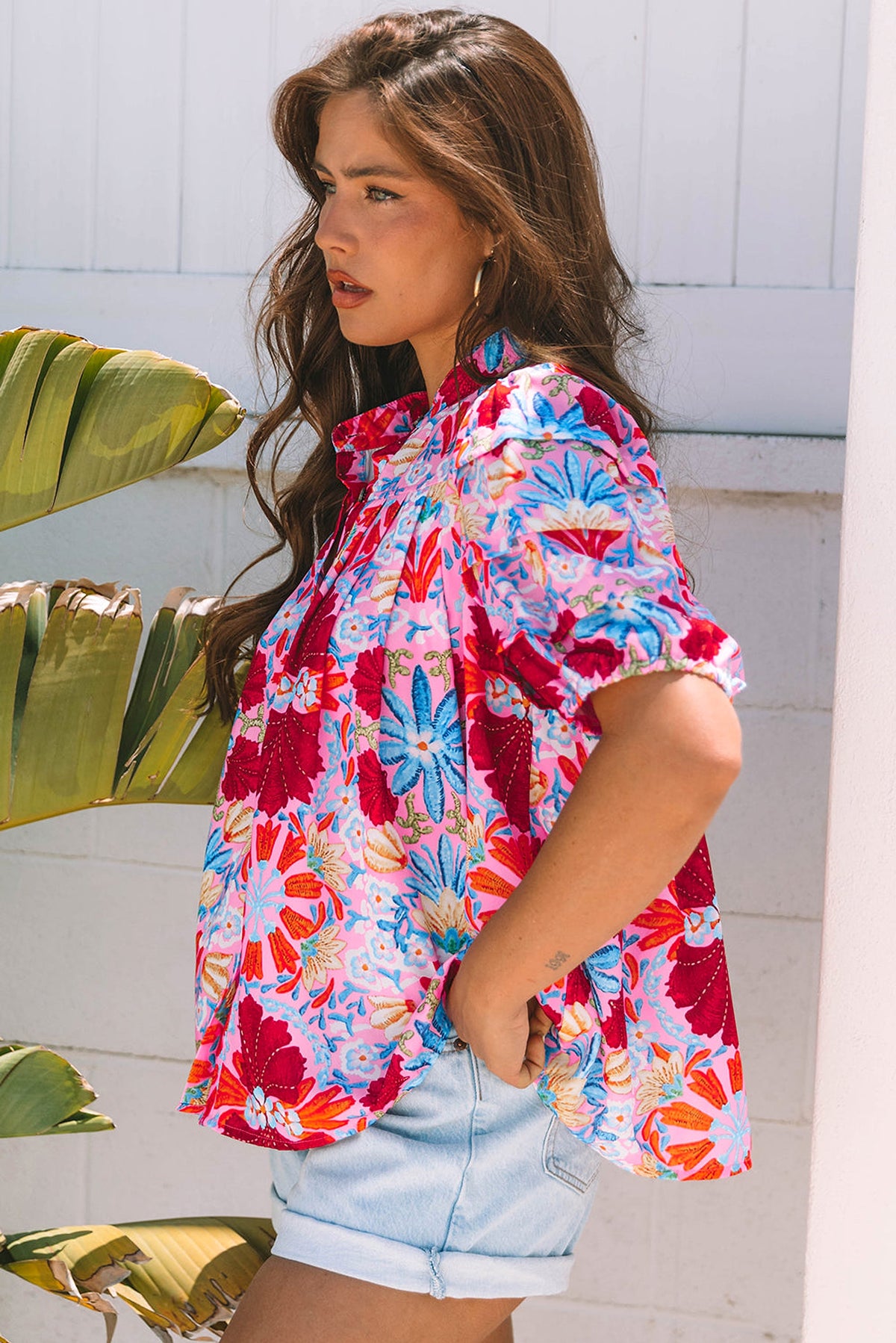 Pink Floral Print Bubble Sleeve Button Up Pleated Shirt - enhanced image 9