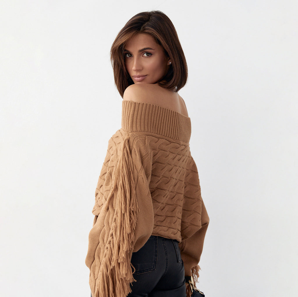 A Pure Color Elegant Style Woolen Tassel Design Sweater  Women - enhanced image 9