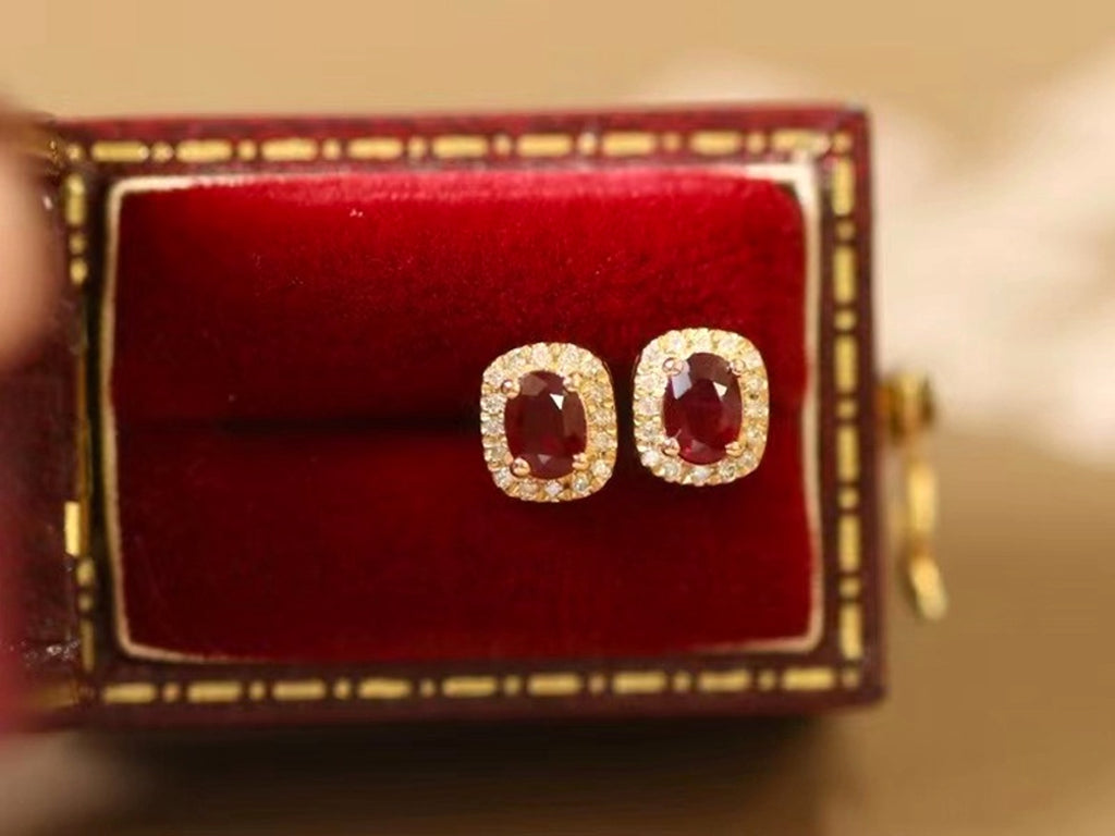 Real Gold Natural Ruby Diamond Stud Earrings Pigeon Blood Red Color - enhanced image 9