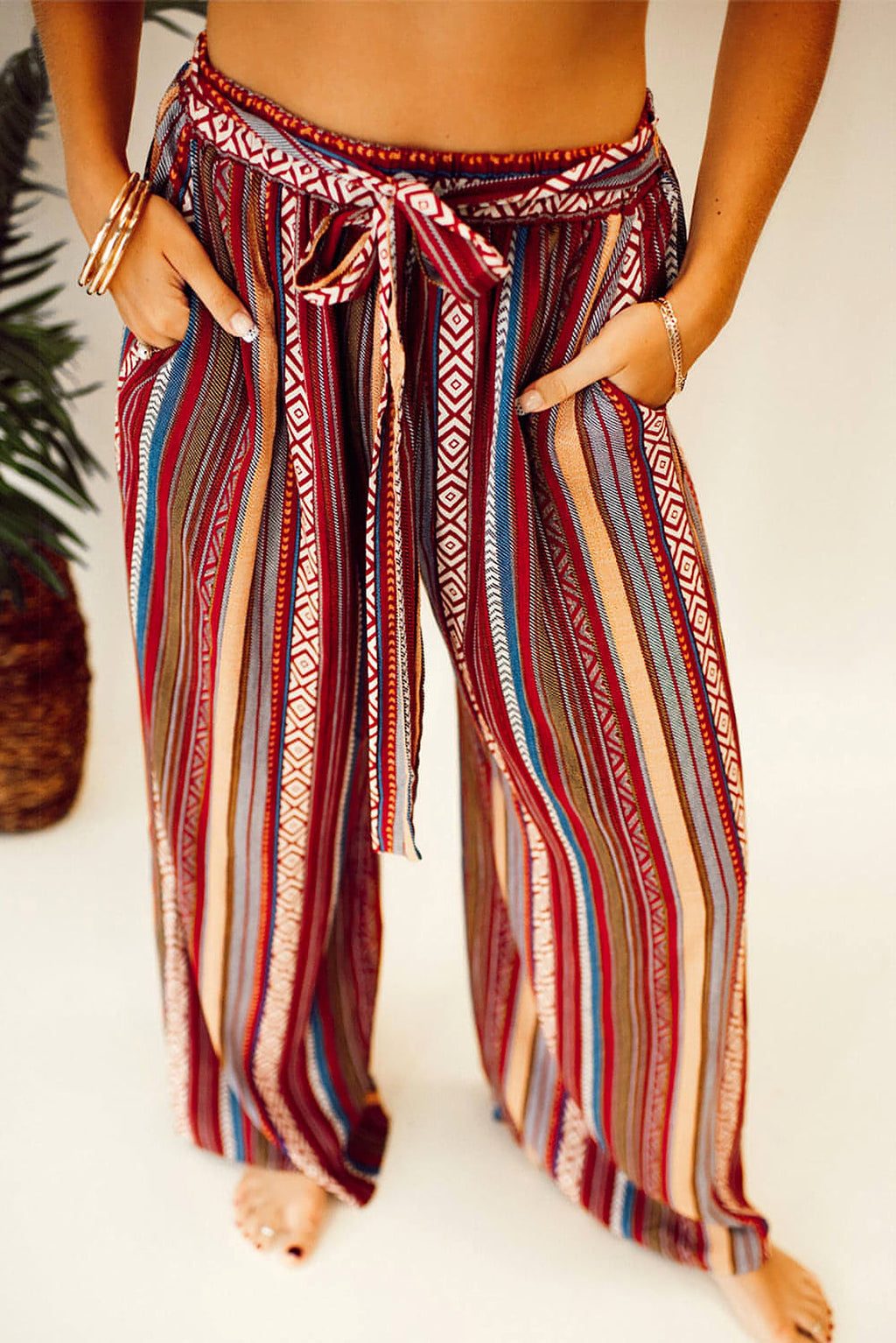 Red Boho Ethnic Striped Print Tie Waist Wide Leg Pants - enhanced image 9