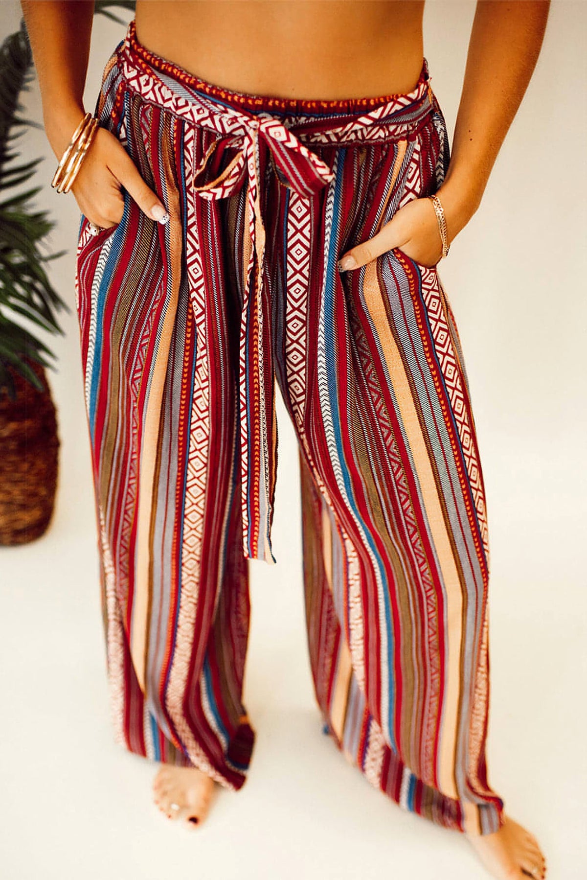 Red Boho Ethnic Striped Print Tie Waist Wide Leg Pants - enhanced image 9