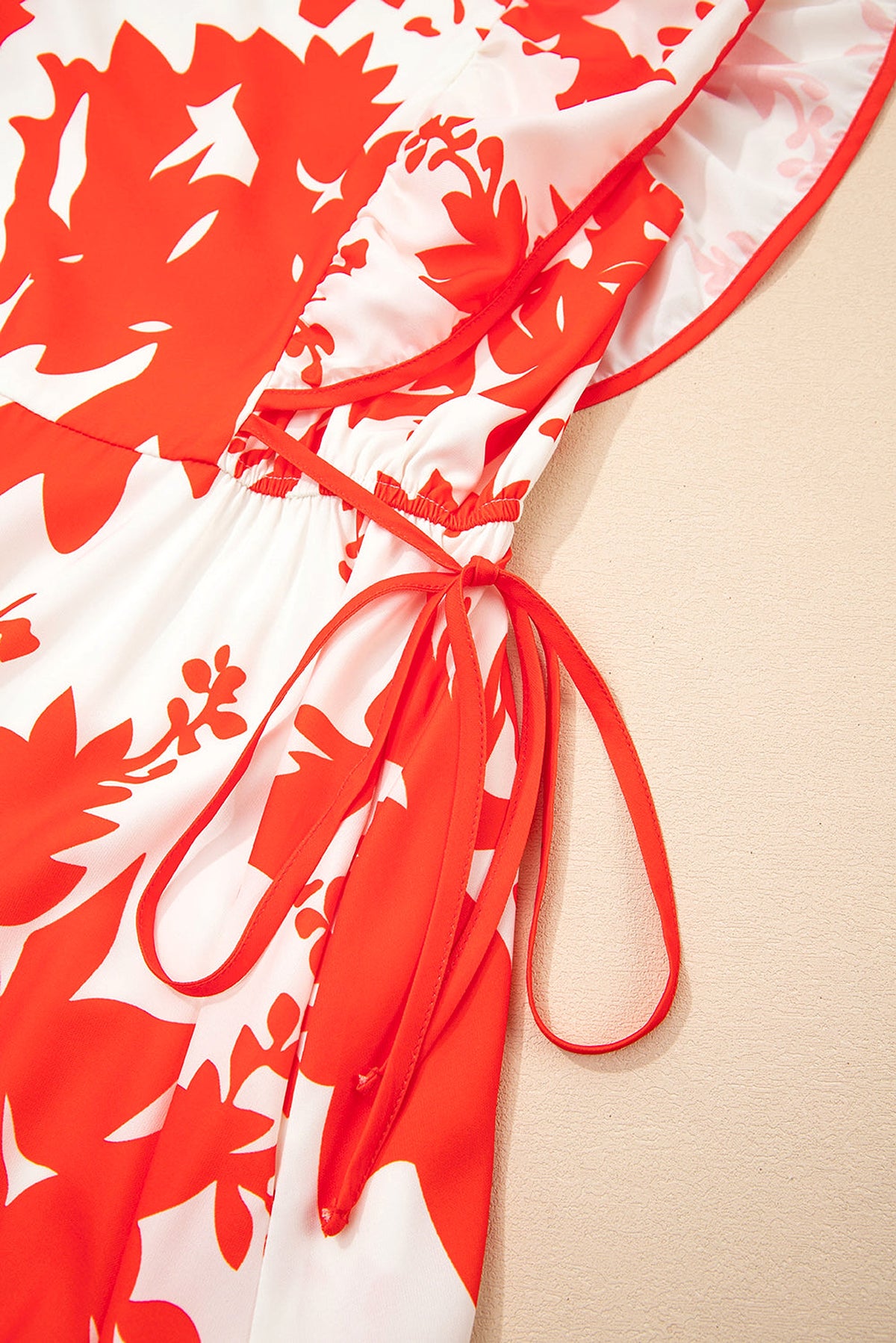 Red Floral Print Trimmed V Neck Ruffle Sleeve Long Dress - enhanced image 9
