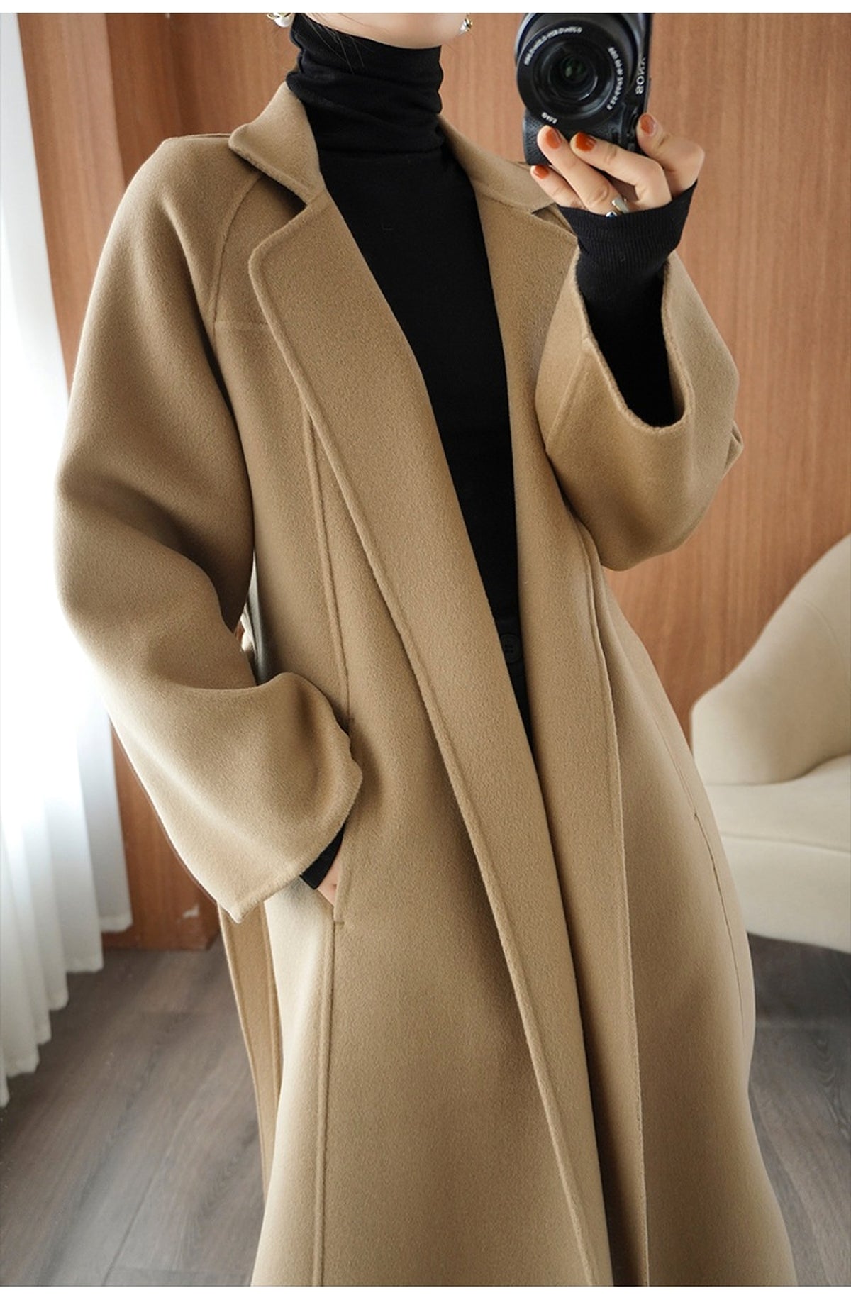 Reversible Cashmere Coat Women's Mid-length Loose Over Knee Coat - enhanced image 9