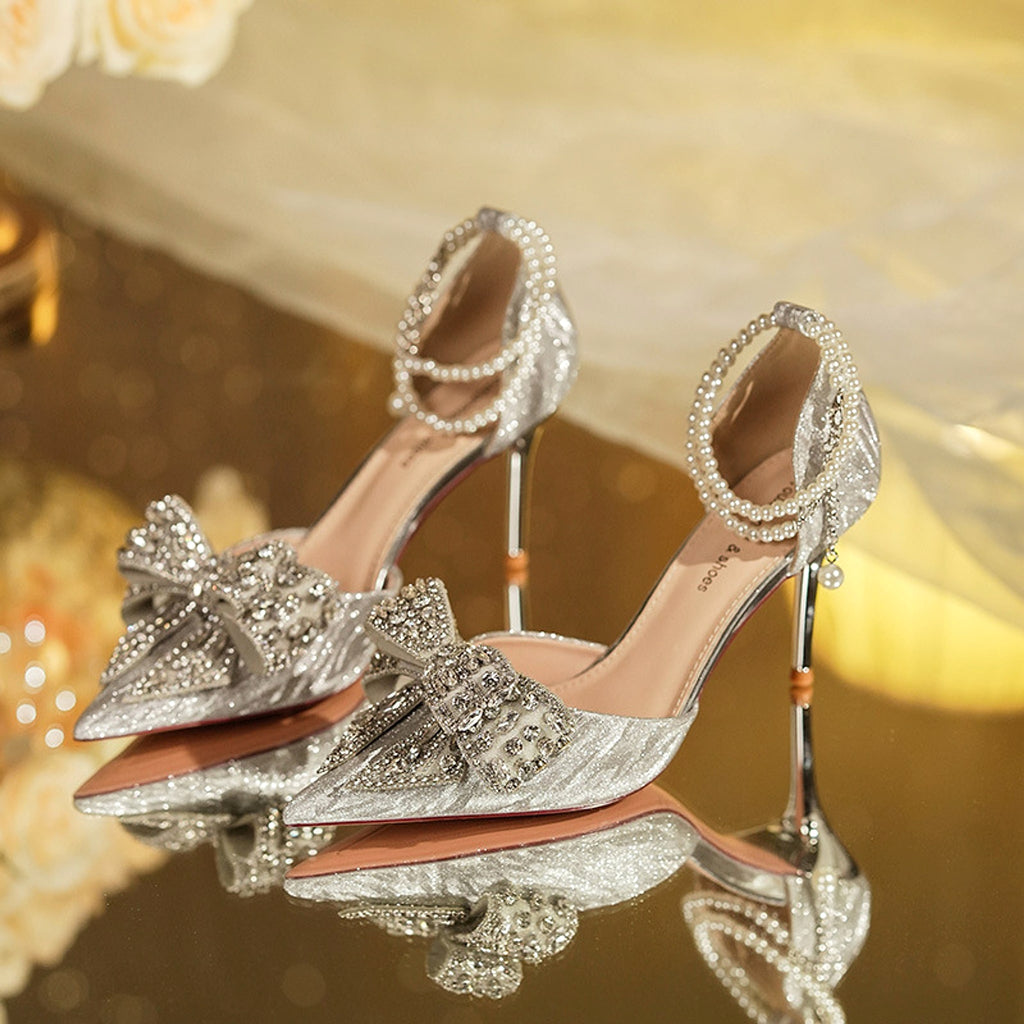 Rhinestone Bow Pointy Hollow Pearl Heels - enhanced image 9