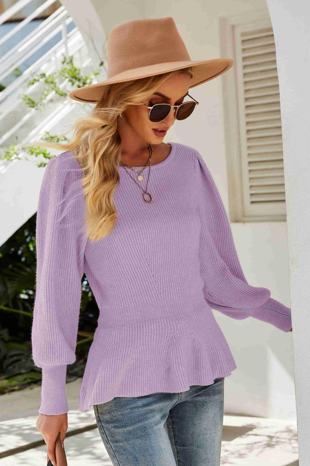 Ribbed Round Neck Lantern Sleeve Sweater - enhanced image 9