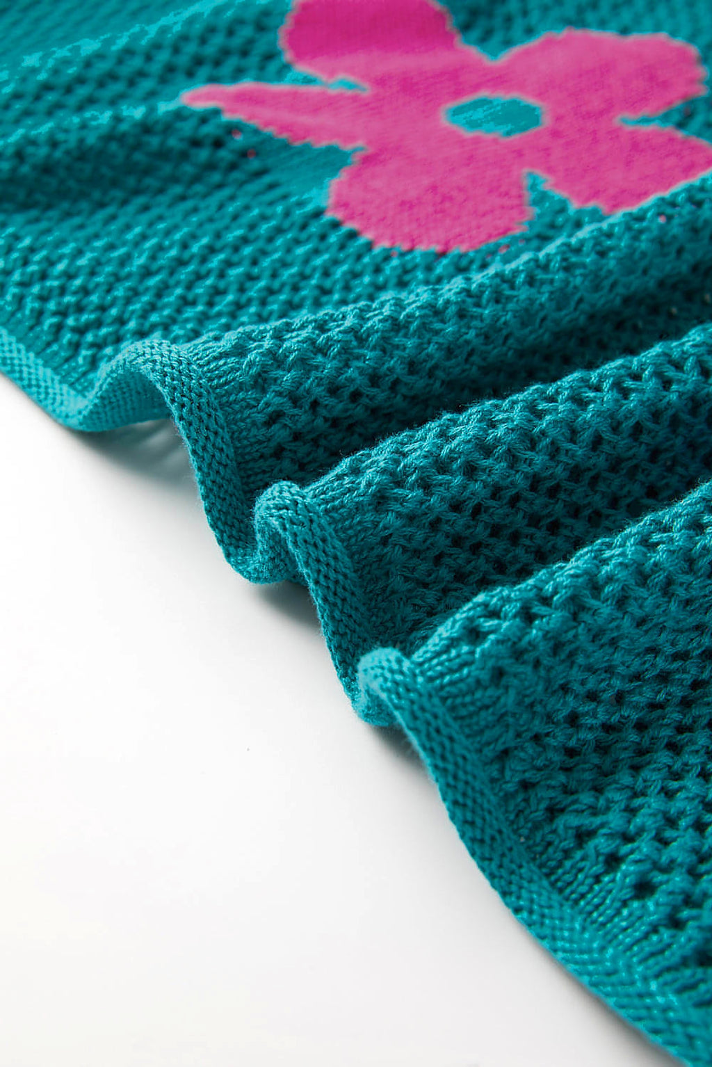 Sea Green Big Flower Hollowed Knit Drop Shoulder Sweater - enhanced image 9