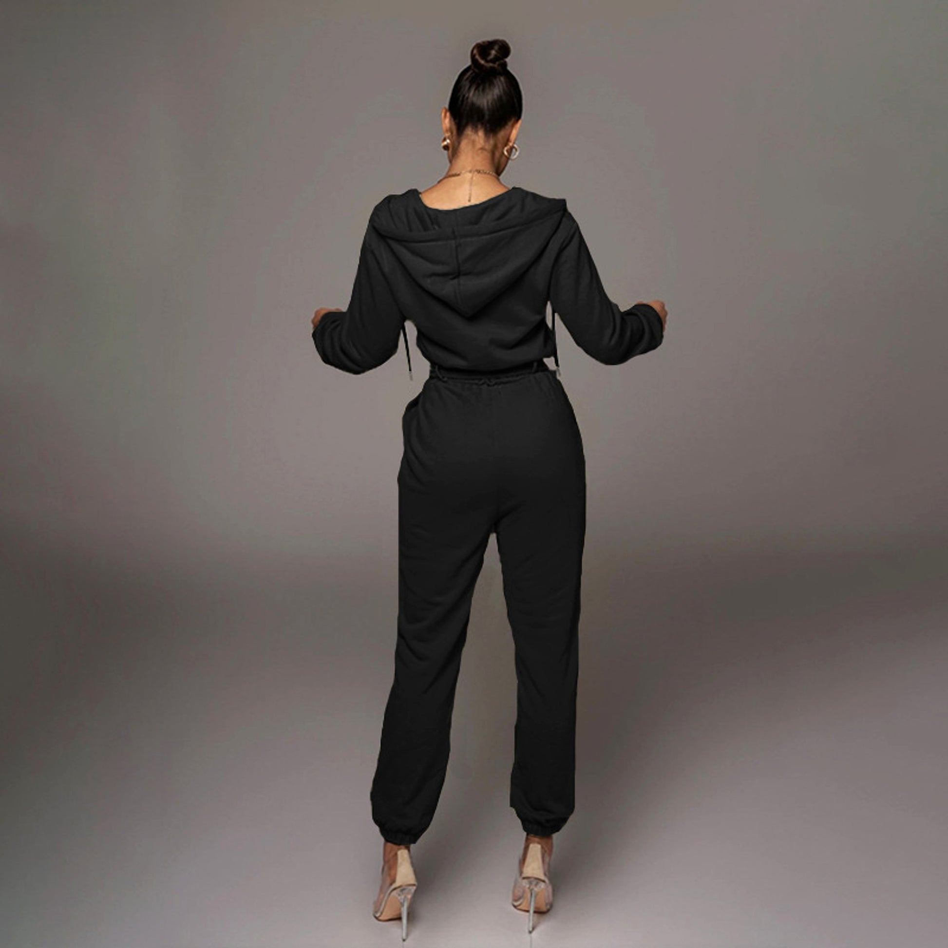 Slim-fit Long Sleeve Solid Color Hooded Half-open Collar Urban Leisure Women's Jumpsuit - enhanced image 9