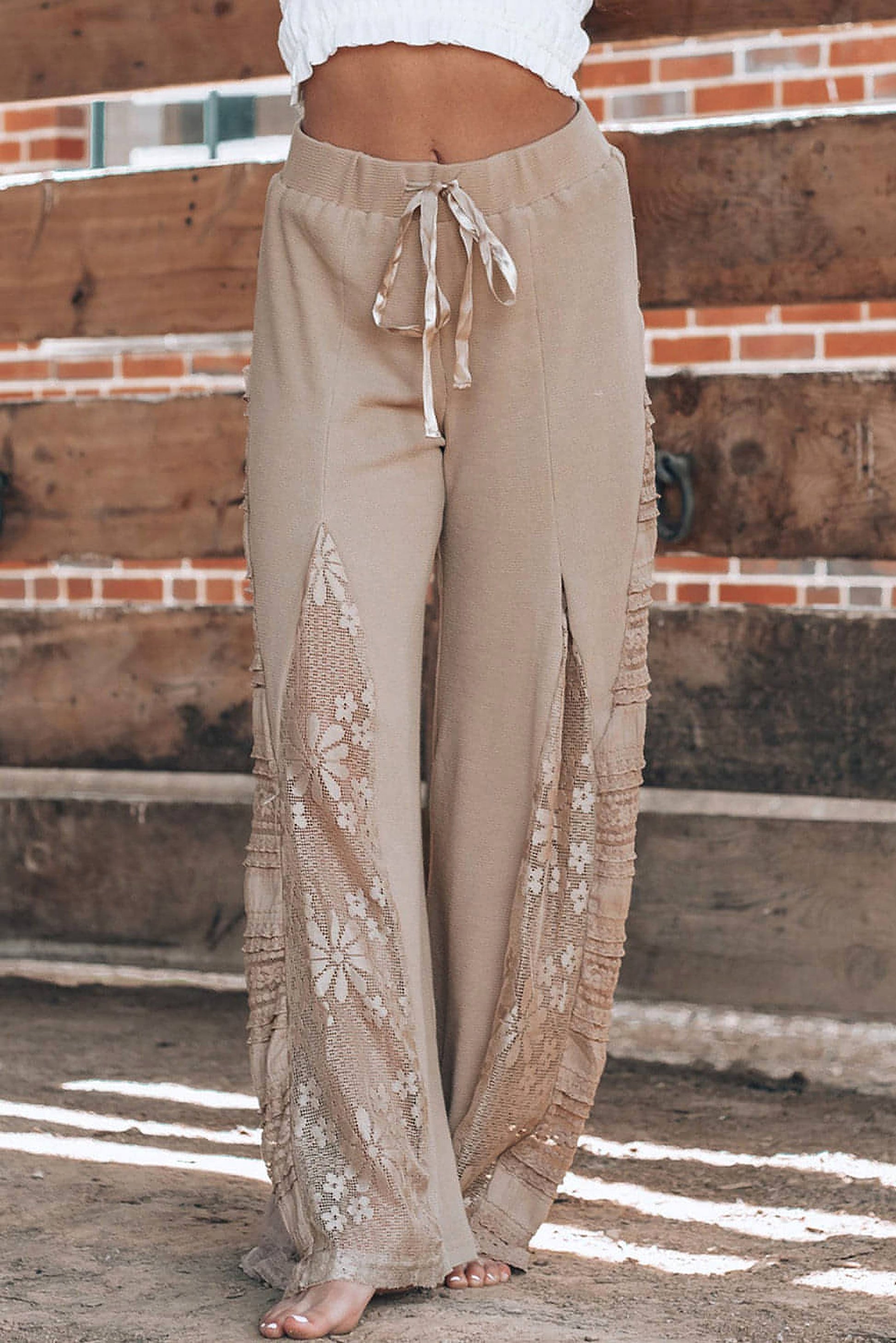 Smoke Gray Boho Lace Patchwork Wide Leg High Waist Pants - enhanced image 9