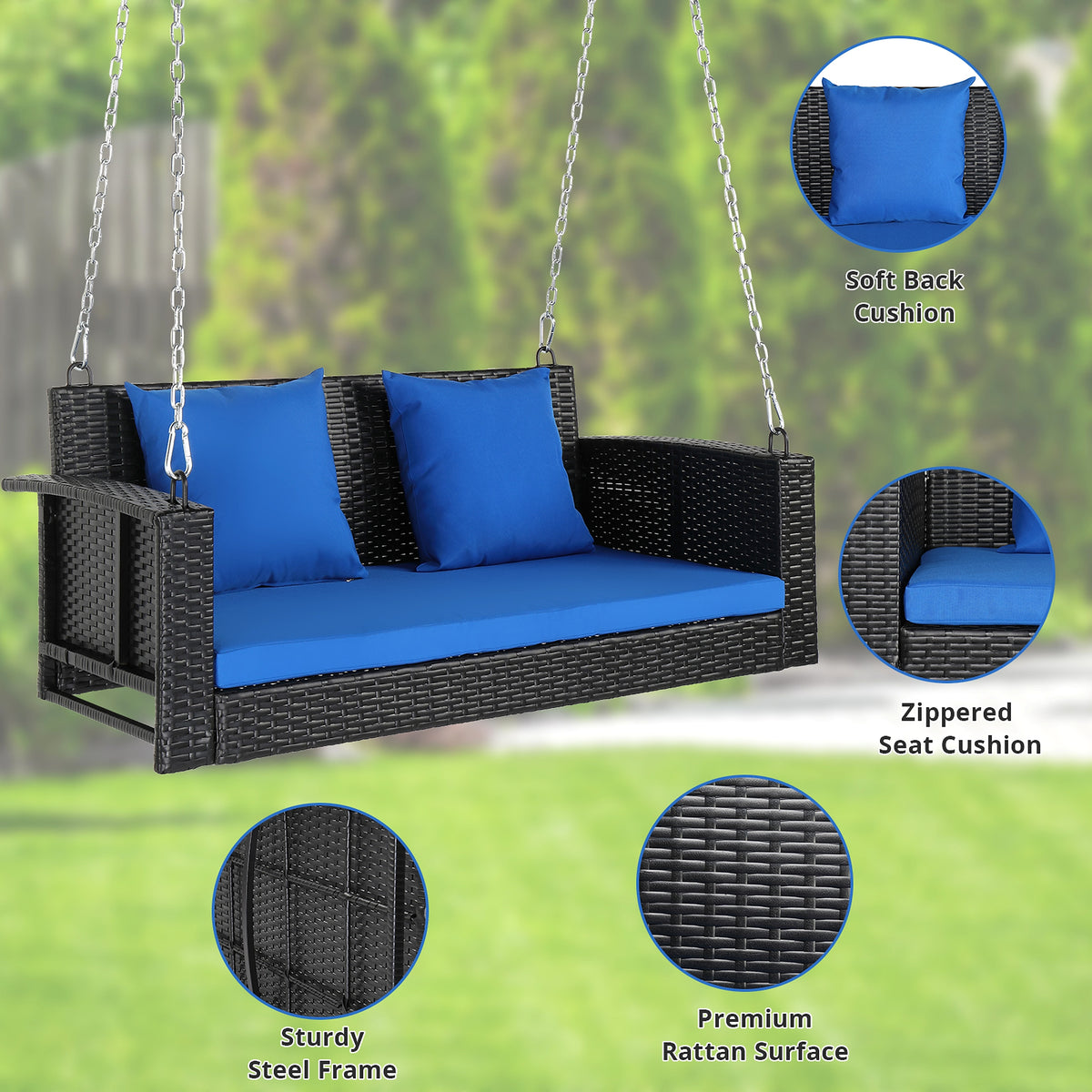 SolunaSwing™ – 4ft Black Rattan Hanging Chair with Blue Cushions - enhanced image 9