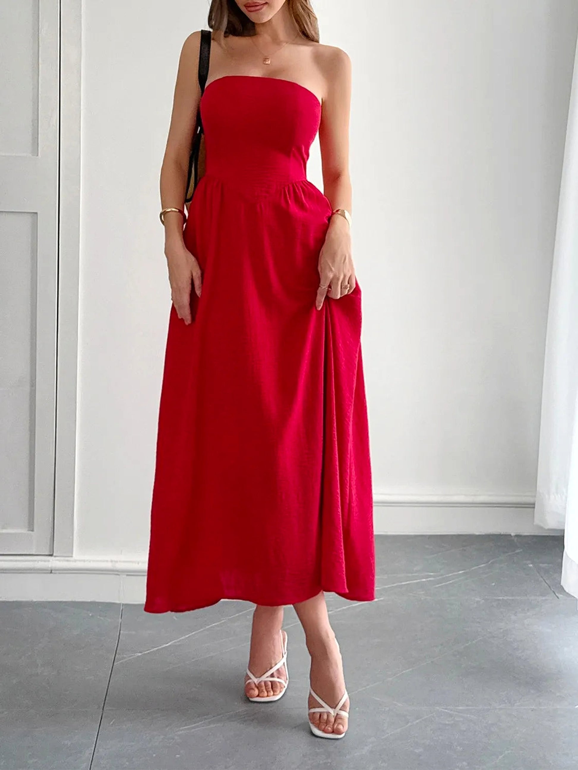Strapless A-Line Midi Dress with Pockets - enhanced image 9