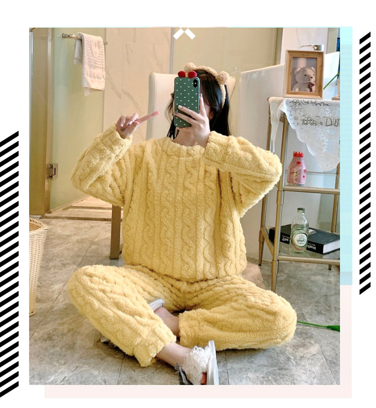 Thick Fleece Pajamas Women's Thermal Round-neck Flannel Homewear Suit - enhanced image 9