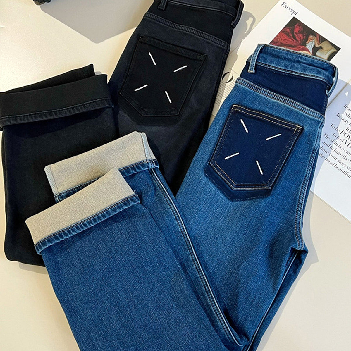 Vintage Handmade Embroidered Warm Washed Jeans Women - enhanced image 9