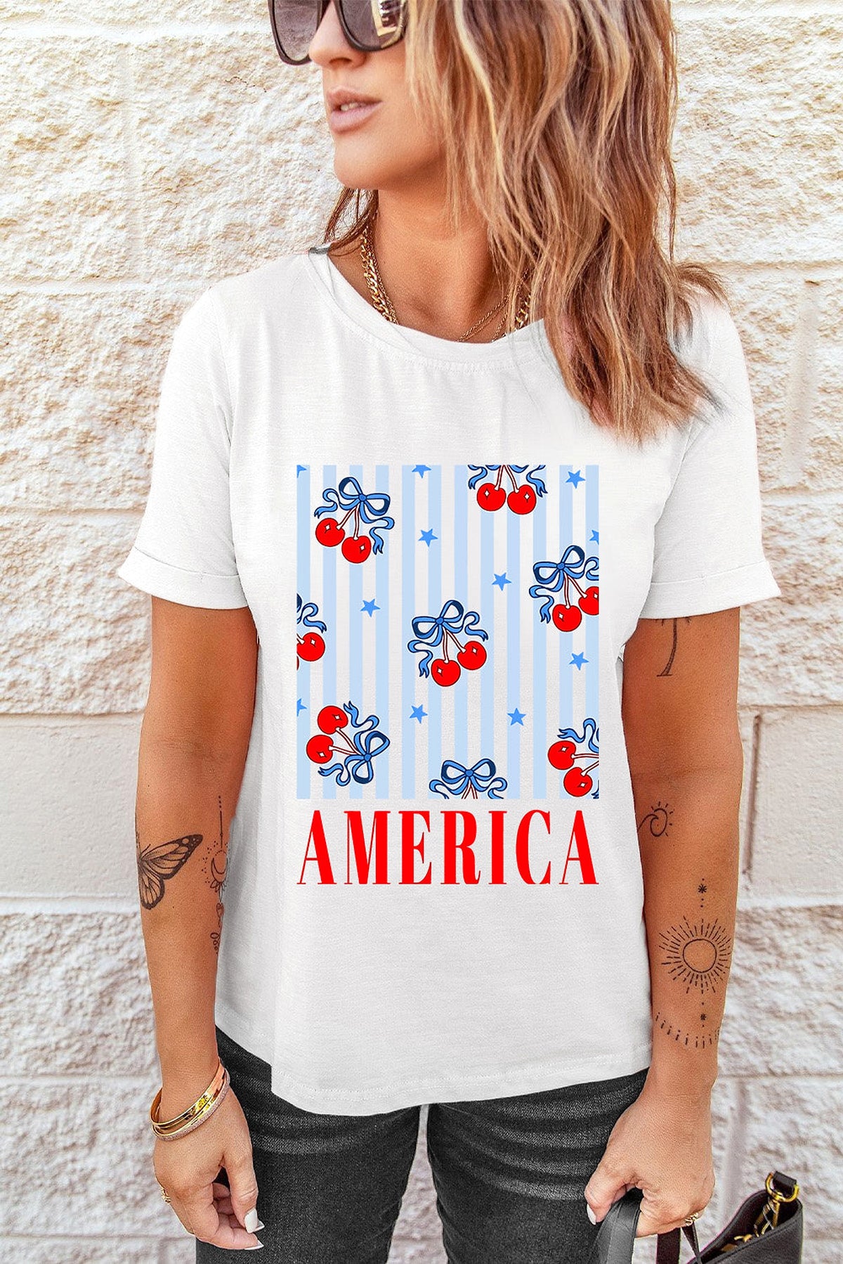 White Bow Cherry AMERICA Graphic Crewneck Patriotic T Shirt - enhanced image 9