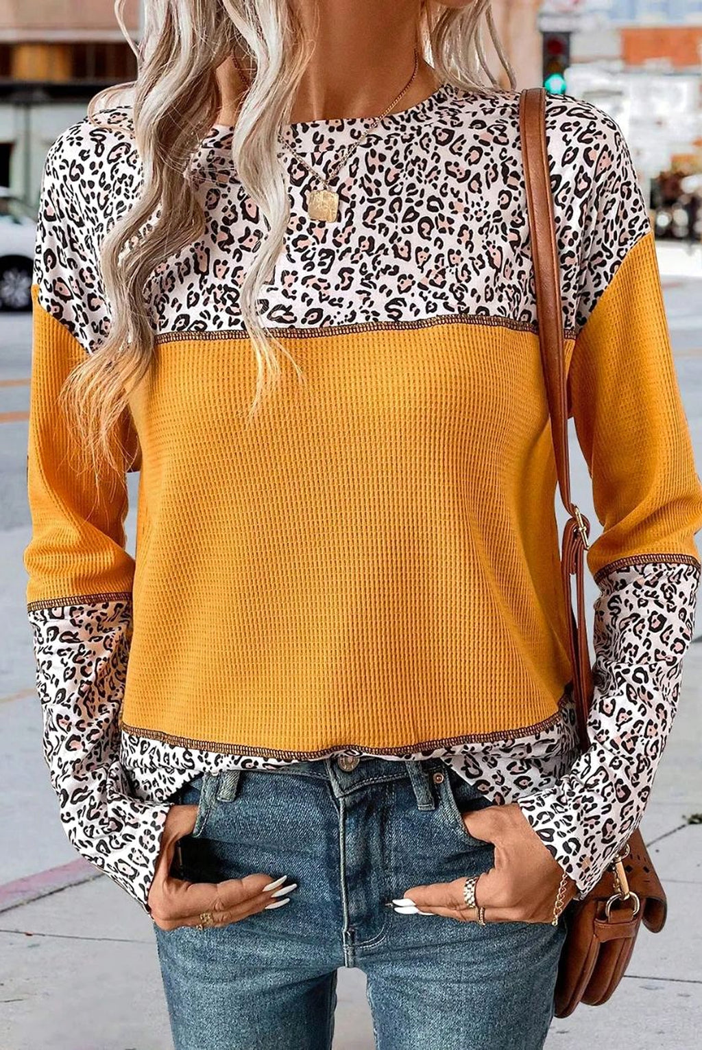 Women Round Neck Leopard Splicing Waffle Sweater - enhanced image 9